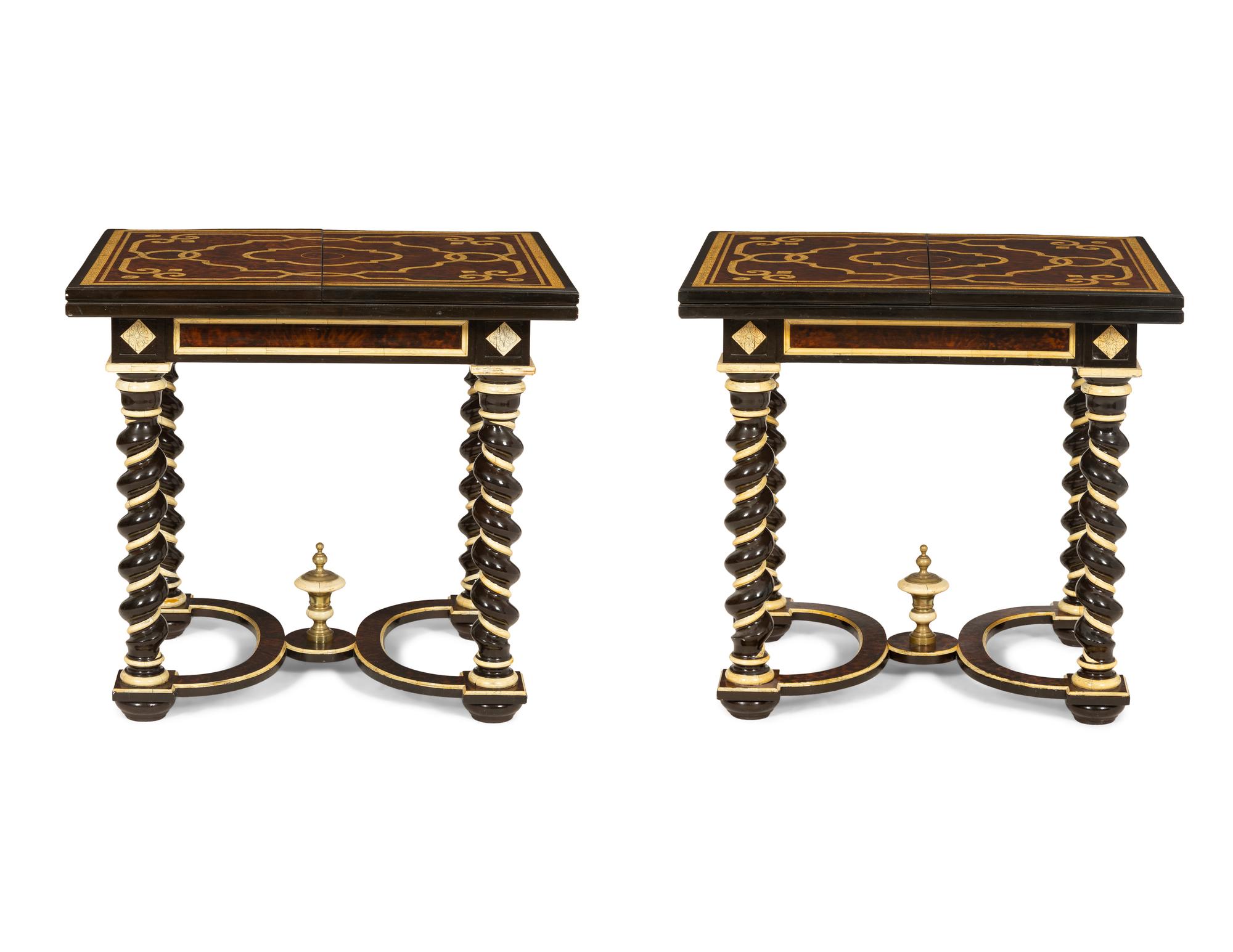 A Pair of Northern Italian Style Faux Bone and Faux Tortoise Shell Ebonized Tables