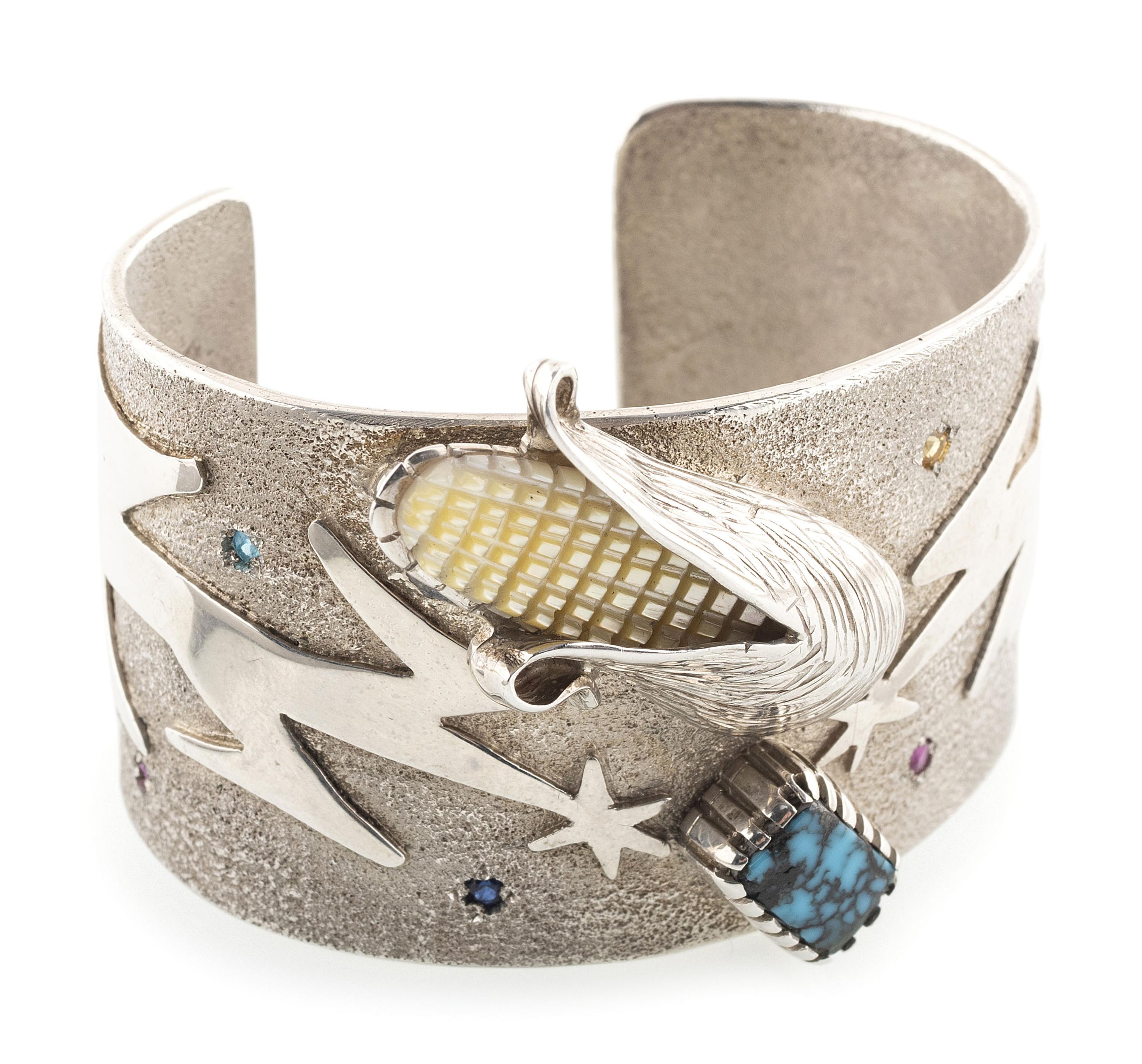 Southwestern-style Silver Cuff Bracelet, set with Turquoise, Shell, and Gem Stones