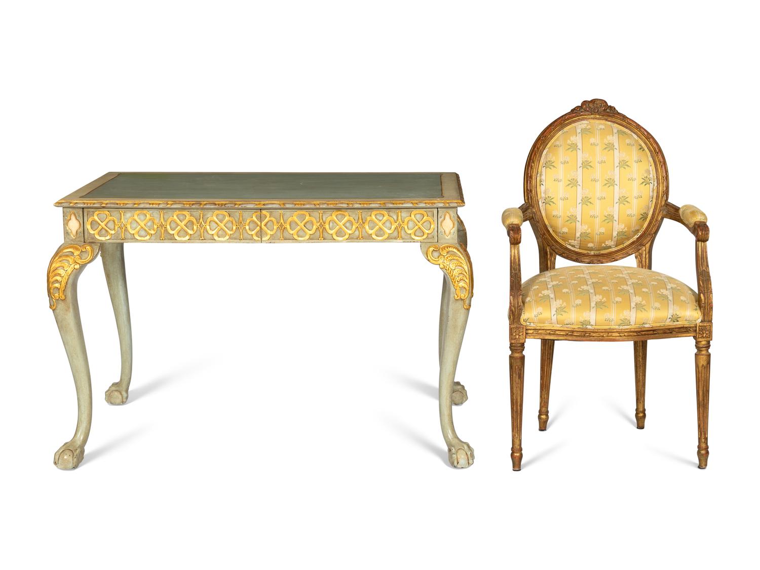 A Maitland-Smith Georgian Style Painted and Parcel Gilt Desk and Associated Louis XVI Style Chair