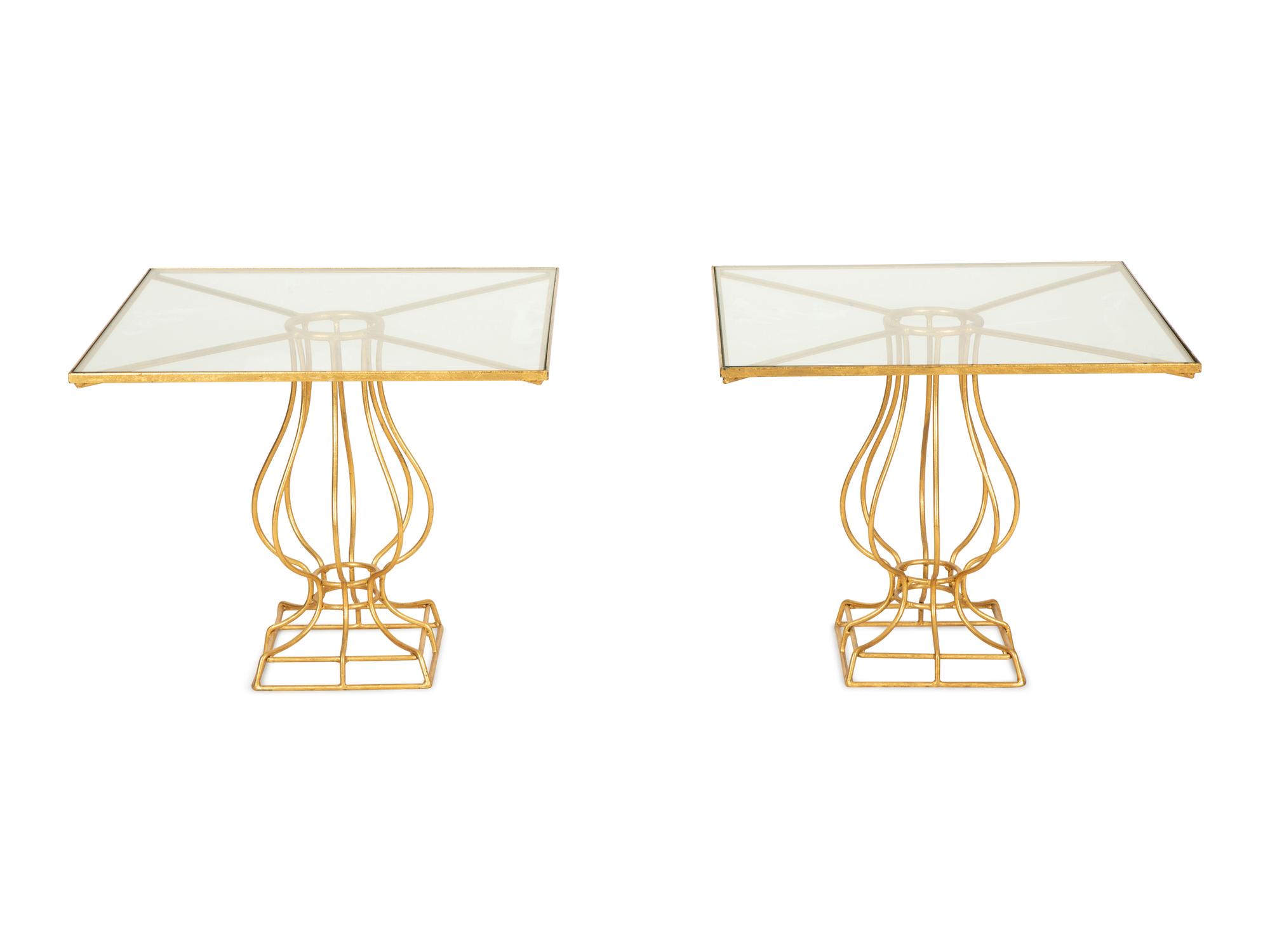 A Pair of Gilt Metal Urn Form Glass Top Low Tables