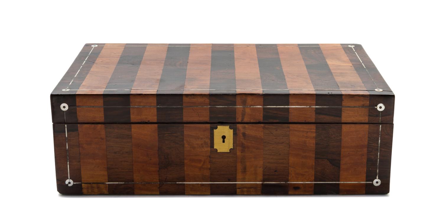 A Regency Rosewood and Satinwood Mother-of-Pearl Inlaid Lap Desk, Height 5 1/8 x width 16 x depth 9 3/8 inches.