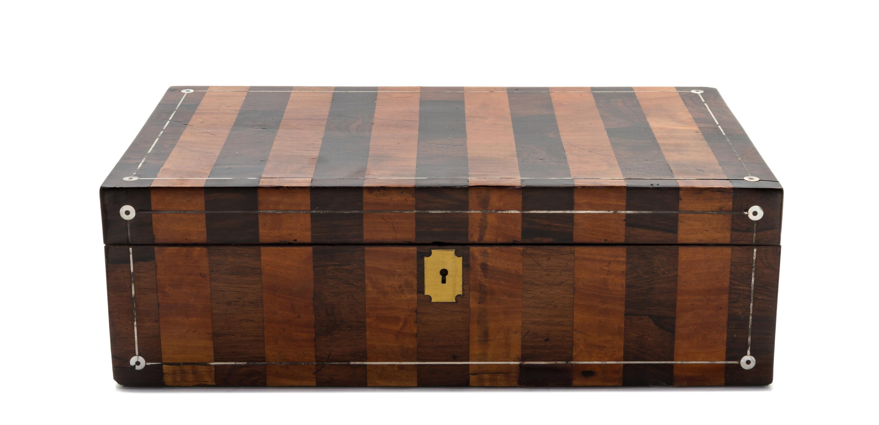 A Regency Rosewood and Satinwood Mother-of-Pearl Inlaid Lap Desk, Height 5 1/8 x width 16 x depth 9 3/8 inches.