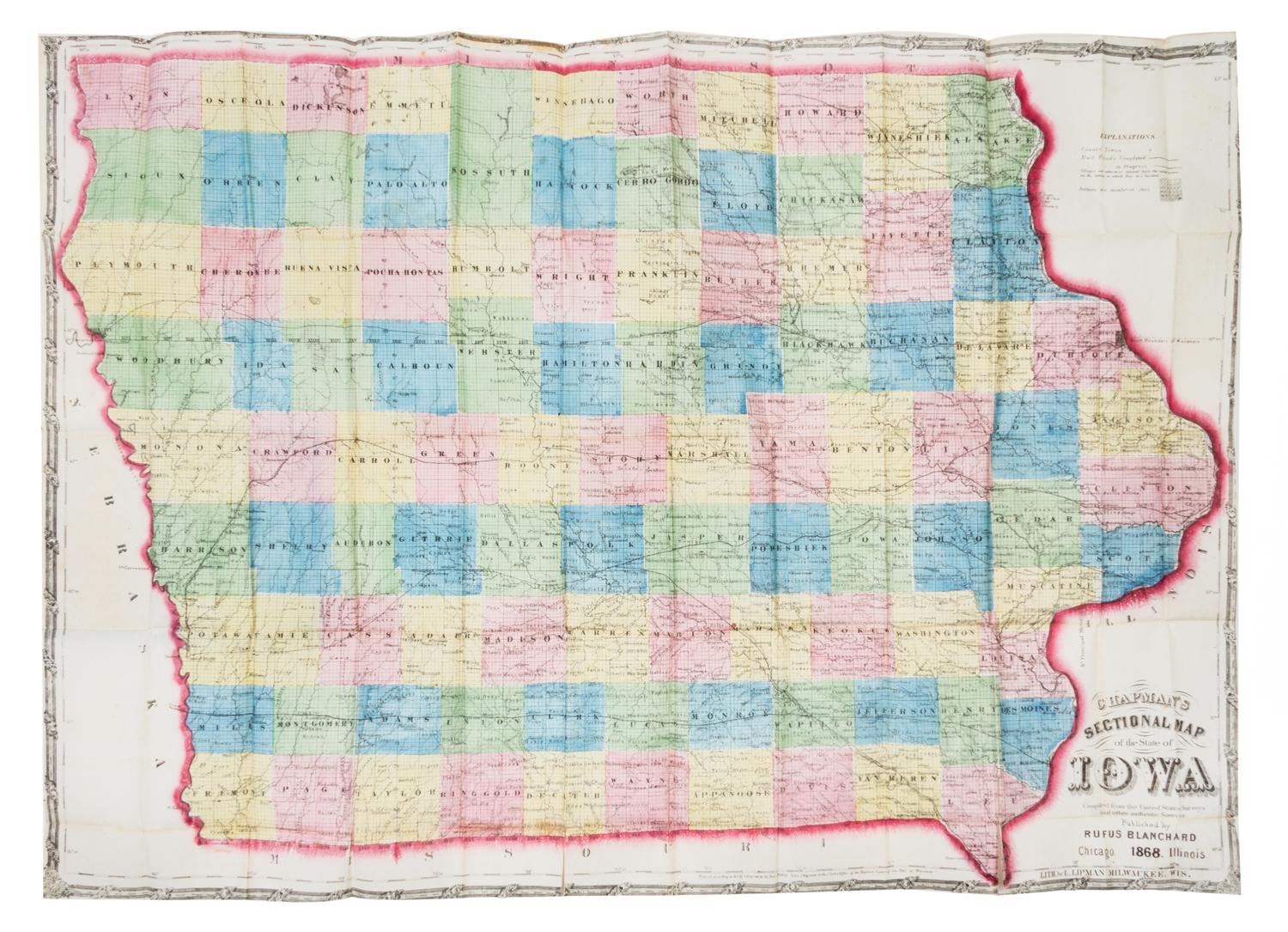 (MAP, IOWA) CHAPMAN, SILAS. Sectional Map of the State of Iowa. Chicago, 1868.