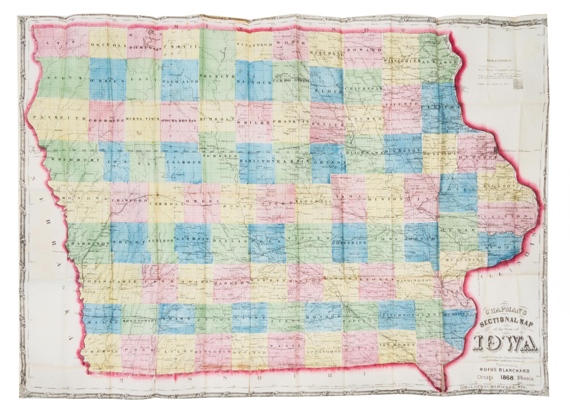 (MAP, IOWA) CHAPMAN, SILAS. Sectional Map of the State of Iowa. Chicago, 1868.