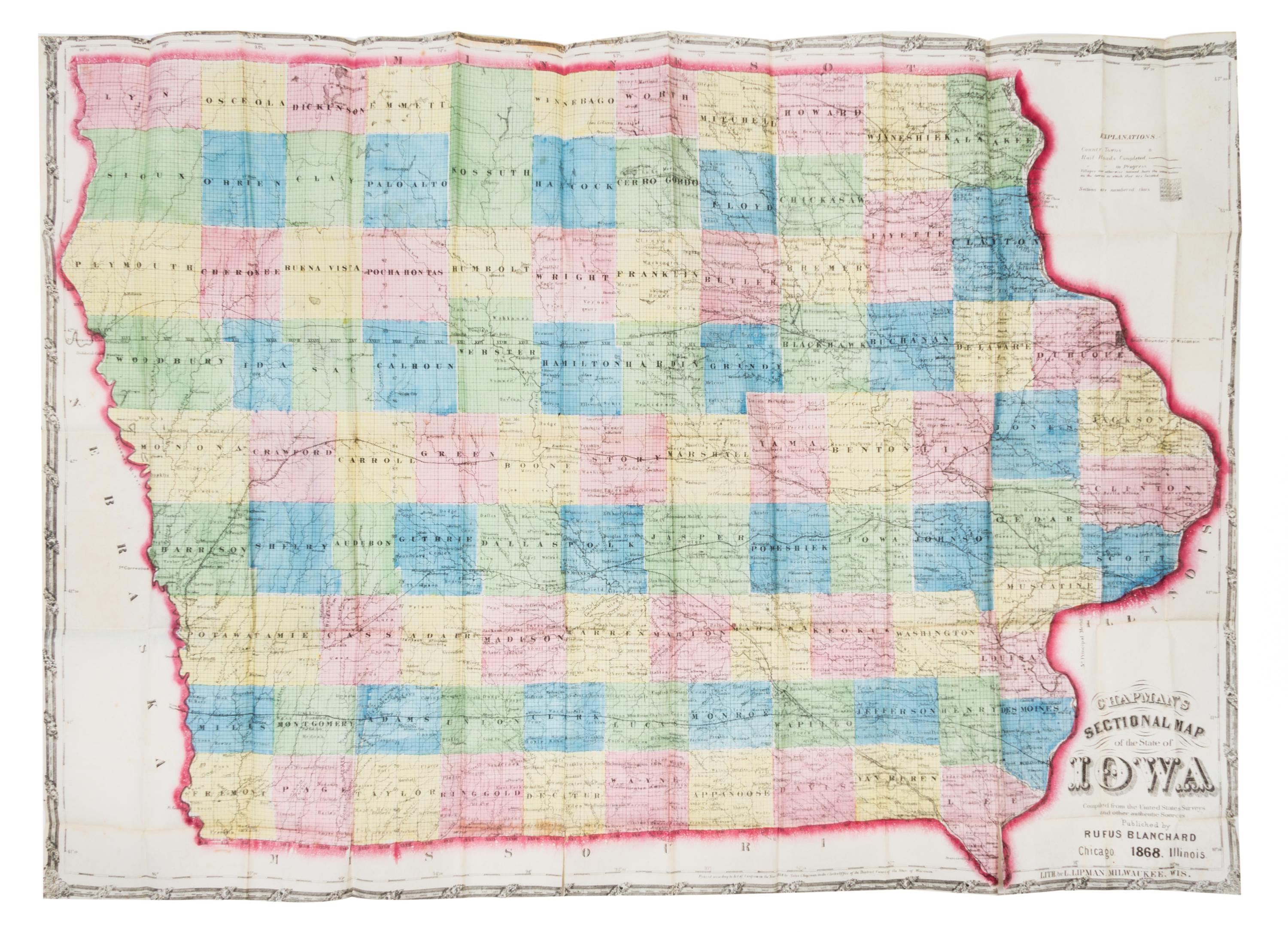 (MAP, IOWA) CHAPMAN, SILAS. Sectional Map of the State of Iowa. Chicago, 1868.