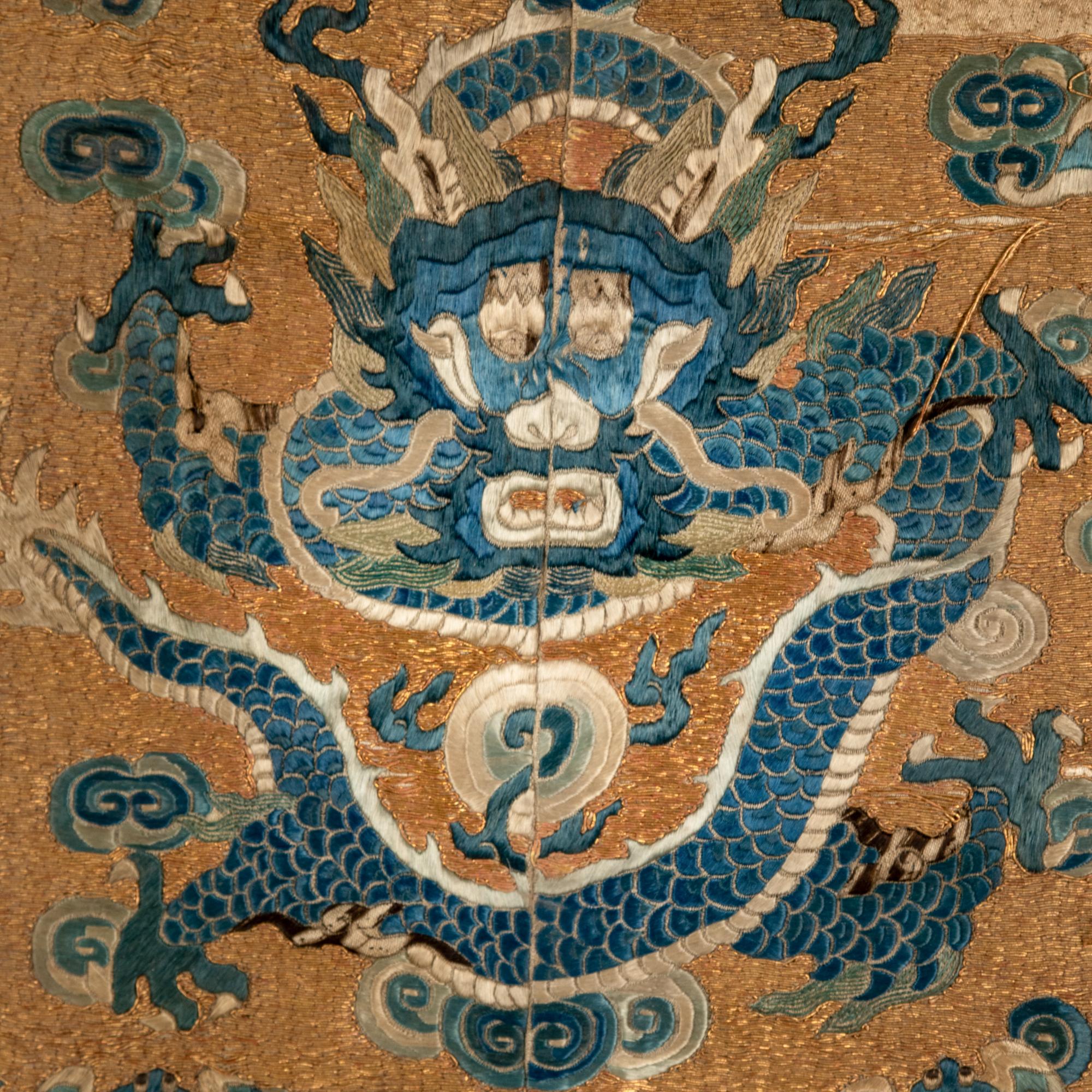 Three Chinese Silk 'Dragon' Panels, 19th-Early 20th Century 晚清-民國 捻金地龍紋綉片一對及藍地龍紋 緙絲一幅