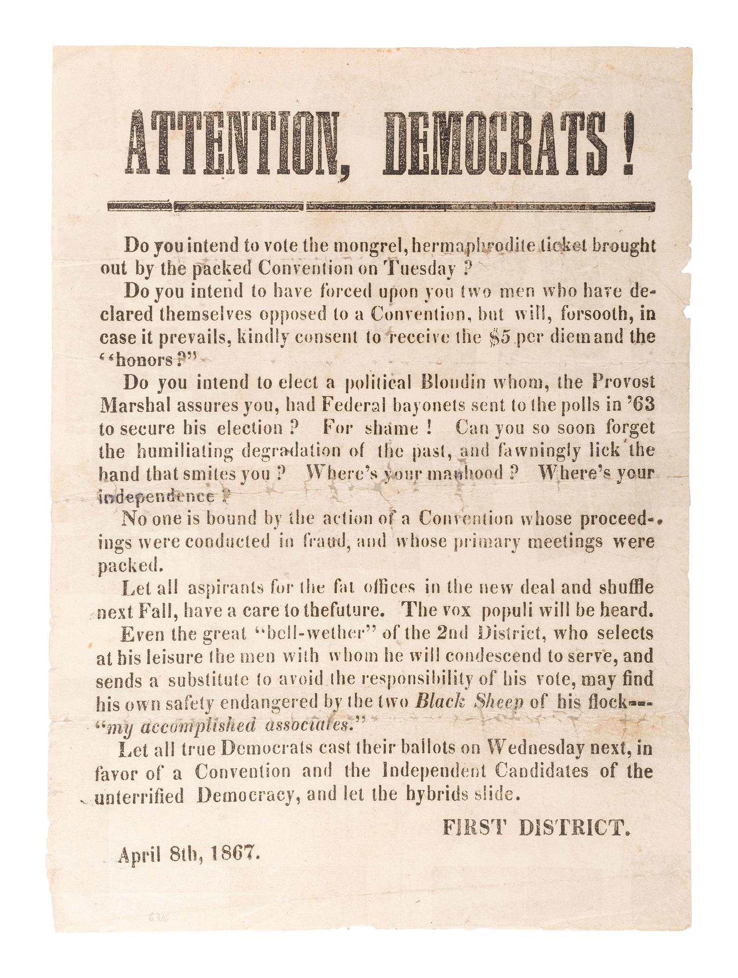 [POLITICS IN AMERICA]. Attention Democrats! N.p., 8 April 1867.