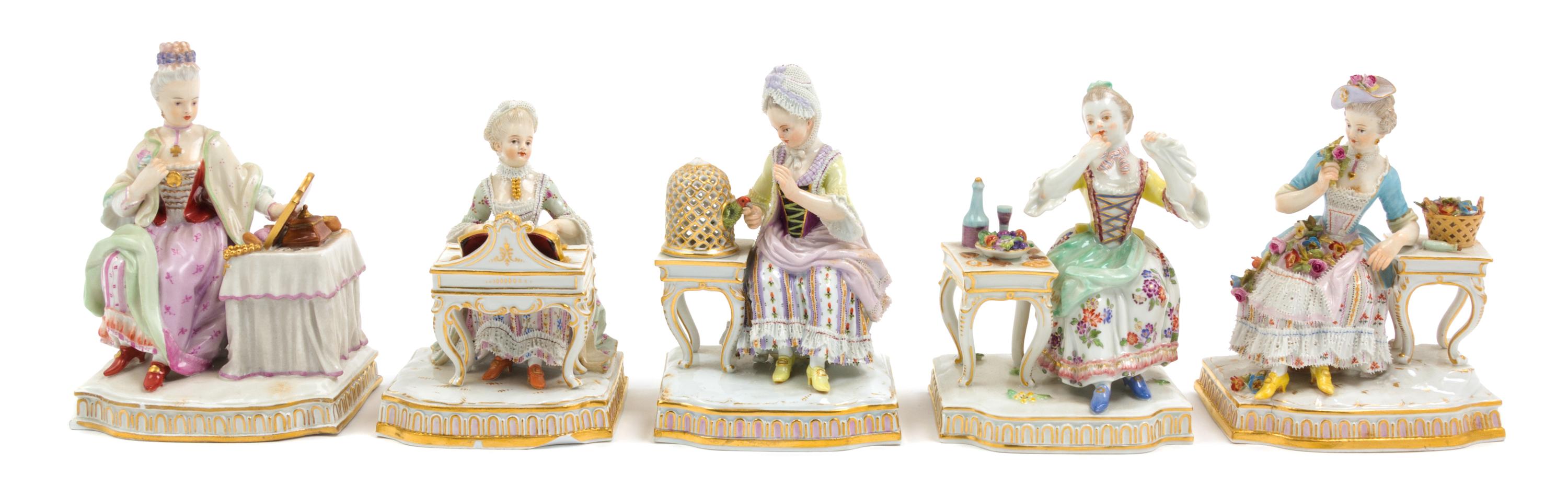 A Set of Five Meissen Porcelain Figures Emblematic of the Senses Height of tallest 5 7/8 inches. — LATE 19TH/EARLY 20TH CENTURY