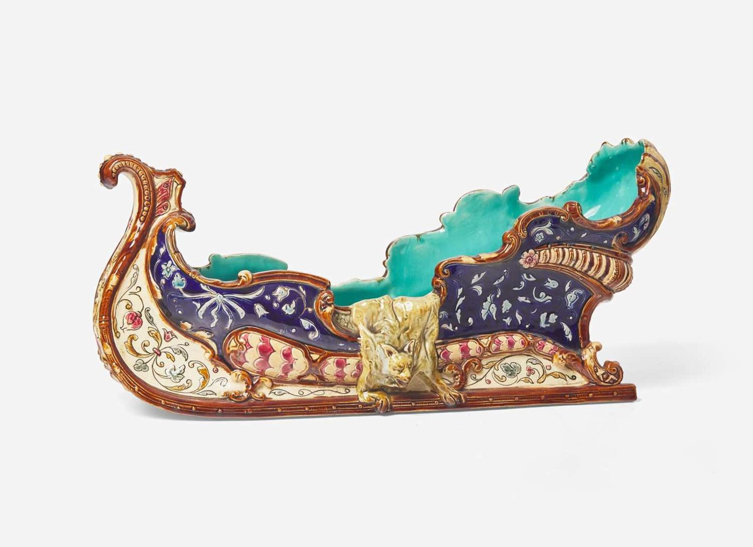 A Wilhelm Schiller & Son Majolica Sleigh-Form Centerpiece, Austria, circa 1900