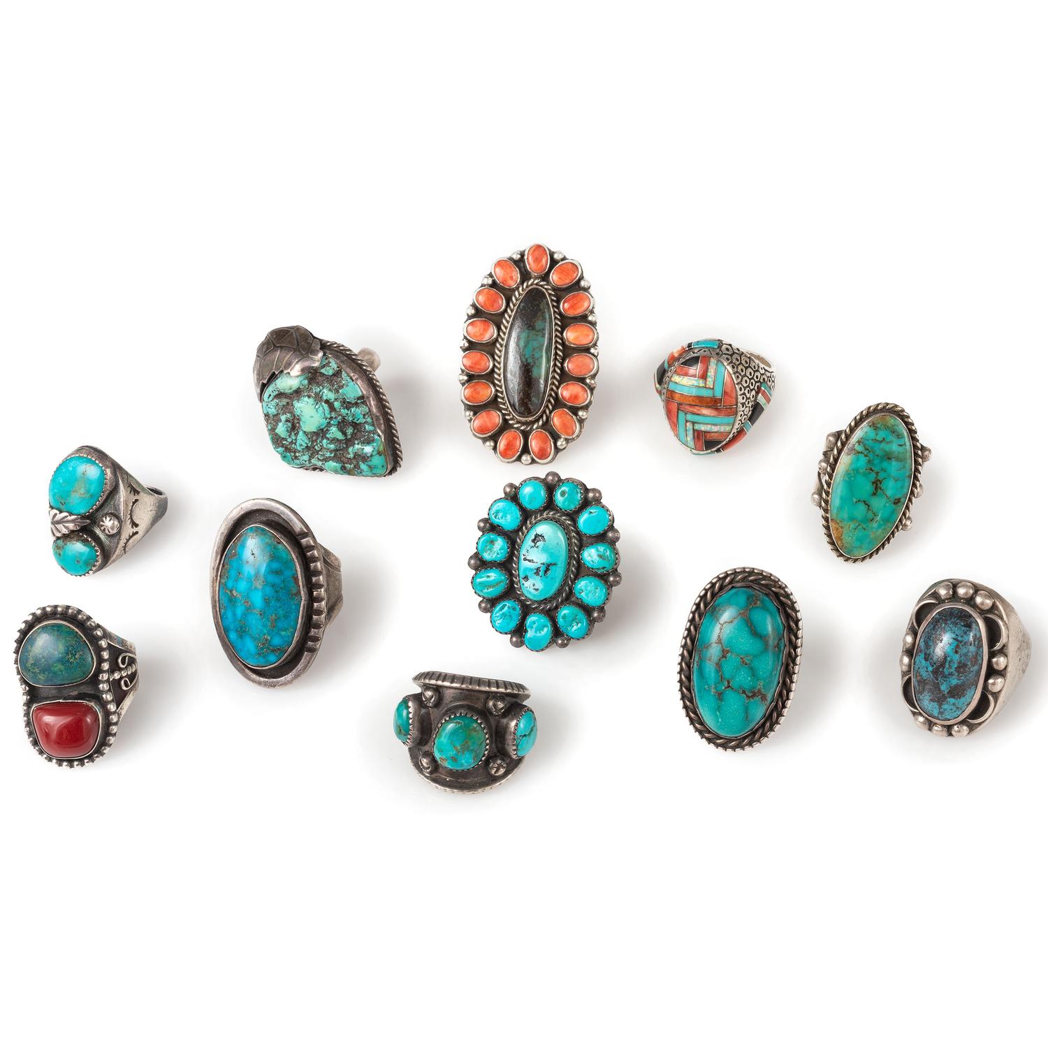 Group of Navajo Silver Rings, with Inlay