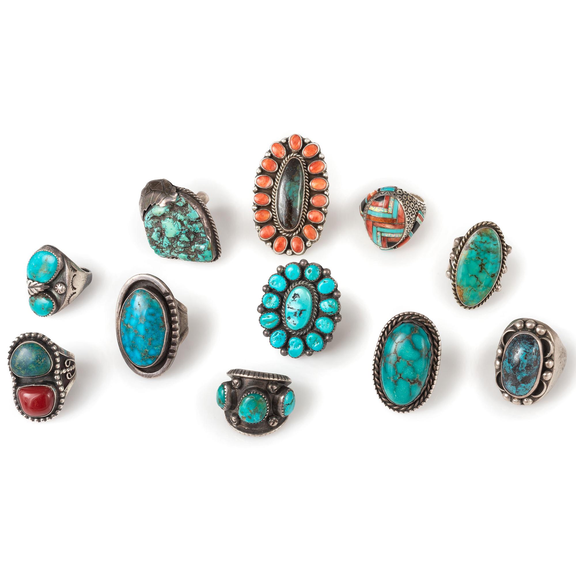 Group of Navajo Silver Rings, with Inlay