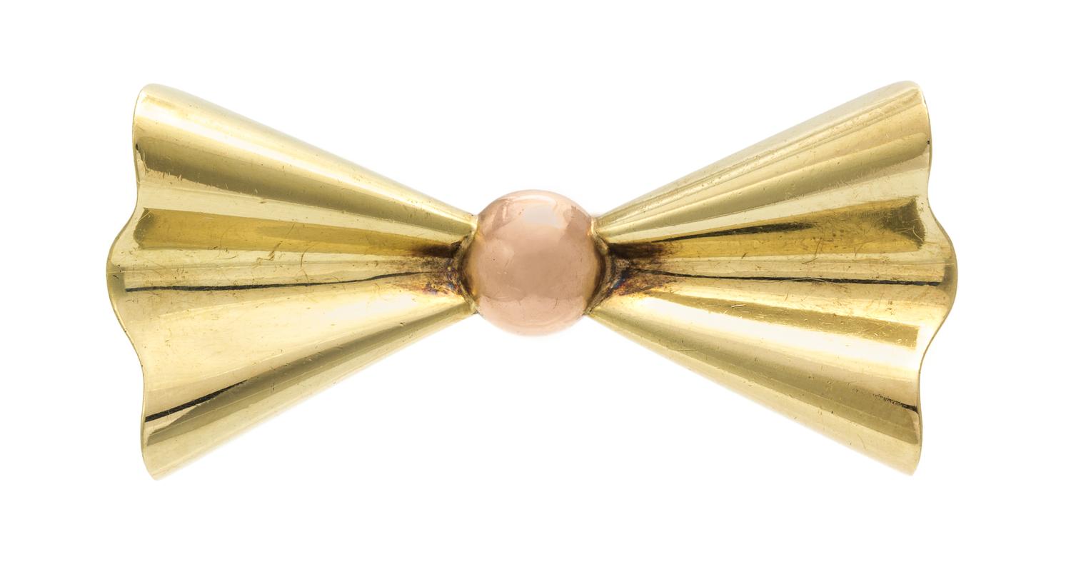 A Retro 14 Karat Yellow and Rose Gold Bow Brooch, Tiffany & Co., 4.40 dwts.