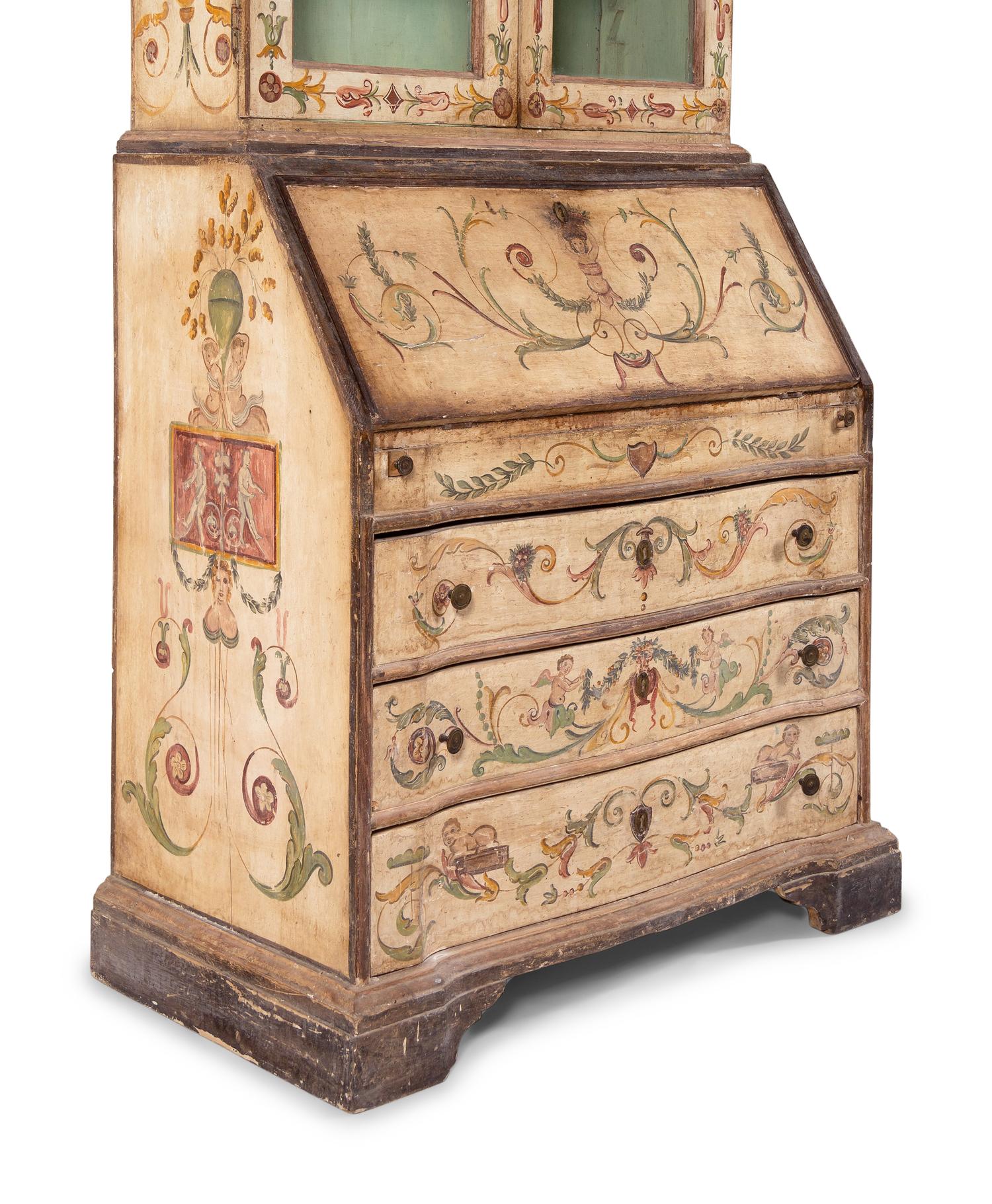 An Italian Painted Slant-Front Secretary Bookcase