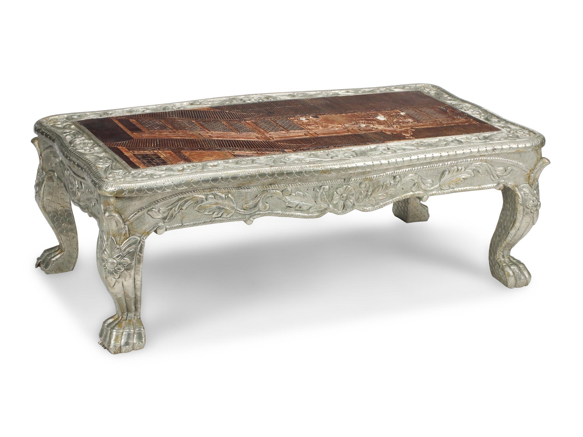 An Anglo-Colonial Style Metal-Clad and Chinoiserie-Top Low Table