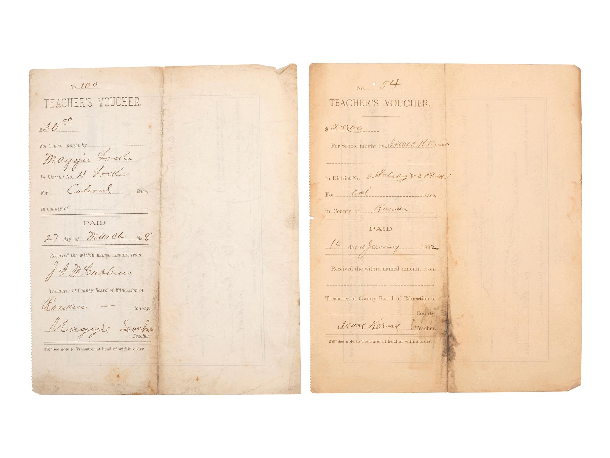 [EDUCATION]. Two pay vouchers for African American teachers, Rowan County, NC, late 1800s.