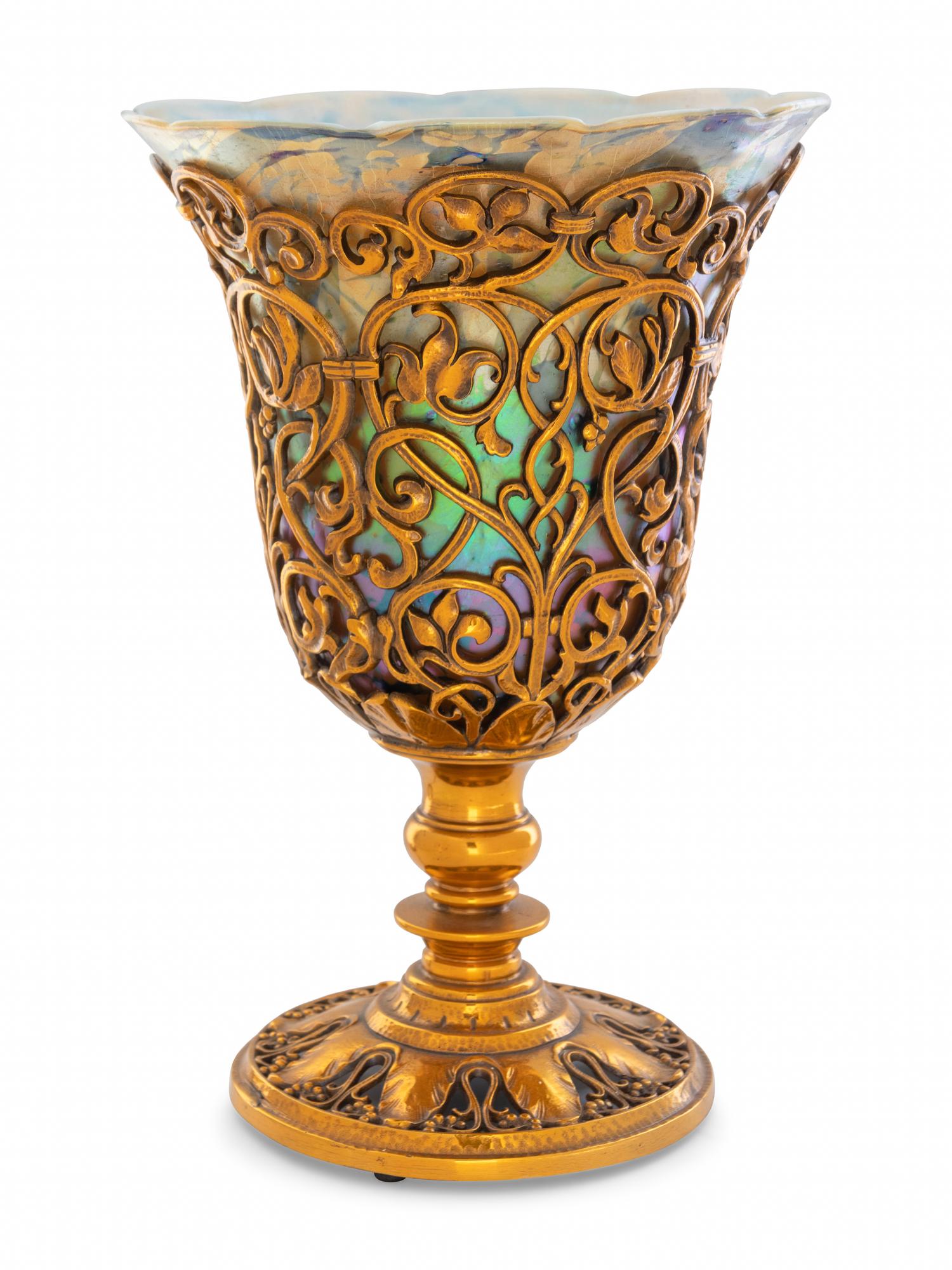An Art Deco Brass and Steuben Aurene Glass Lamp