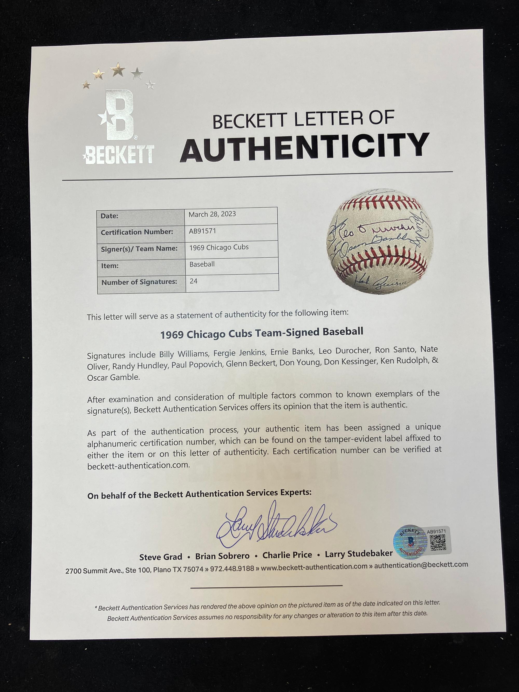 A 1969 Chicago Cubs Team Signed Autograph Baseball (Beckett Authentication Services Letter),