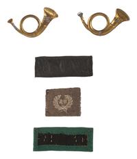 [CIVIL WAR]. Insignia grouping, incl. 2 infantry hunting horn insignia with correct soldered loops, Smith patent strap, officer wreath, and additional strap.