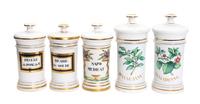 Five Porcelain Lidded Apothecary Jars Height 11 1/4 inches (tallest)