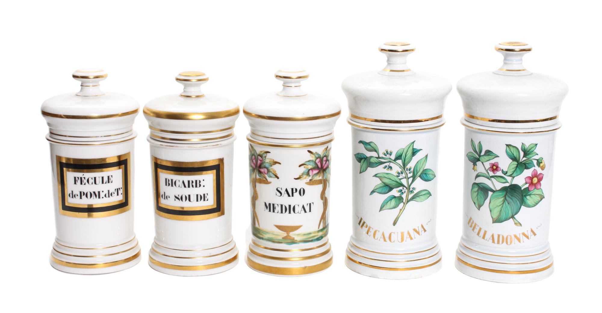 Five Porcelain Lidded Apothecary Jars Height 11 1/4 inches (tallest)