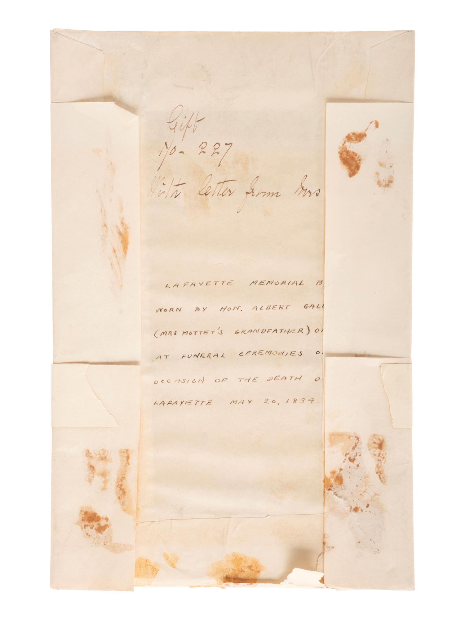 LAFAYETTE, Marie-Joseph Paul Yves Roch Gilbert du Motier, Marquis de (1757-1834). Document signed ("Lafayette") to General Louis-Alexandre Berthier, French Minister of War. 5 May 1794. [ With: ] Lafayette mourning ribbon, 1843.