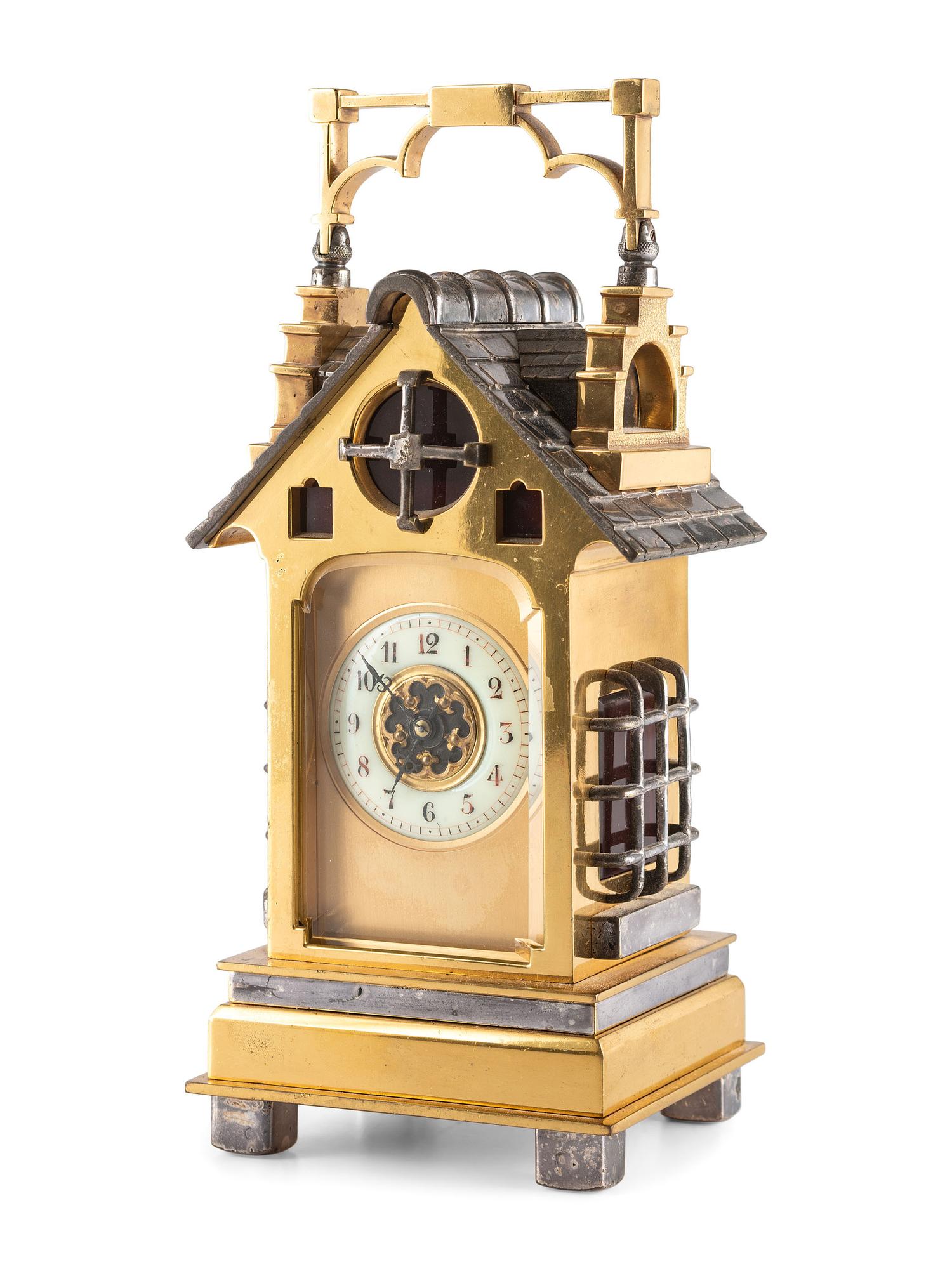A French Gilt and Silvered Ormolu Gothic-Style Carriage Clock