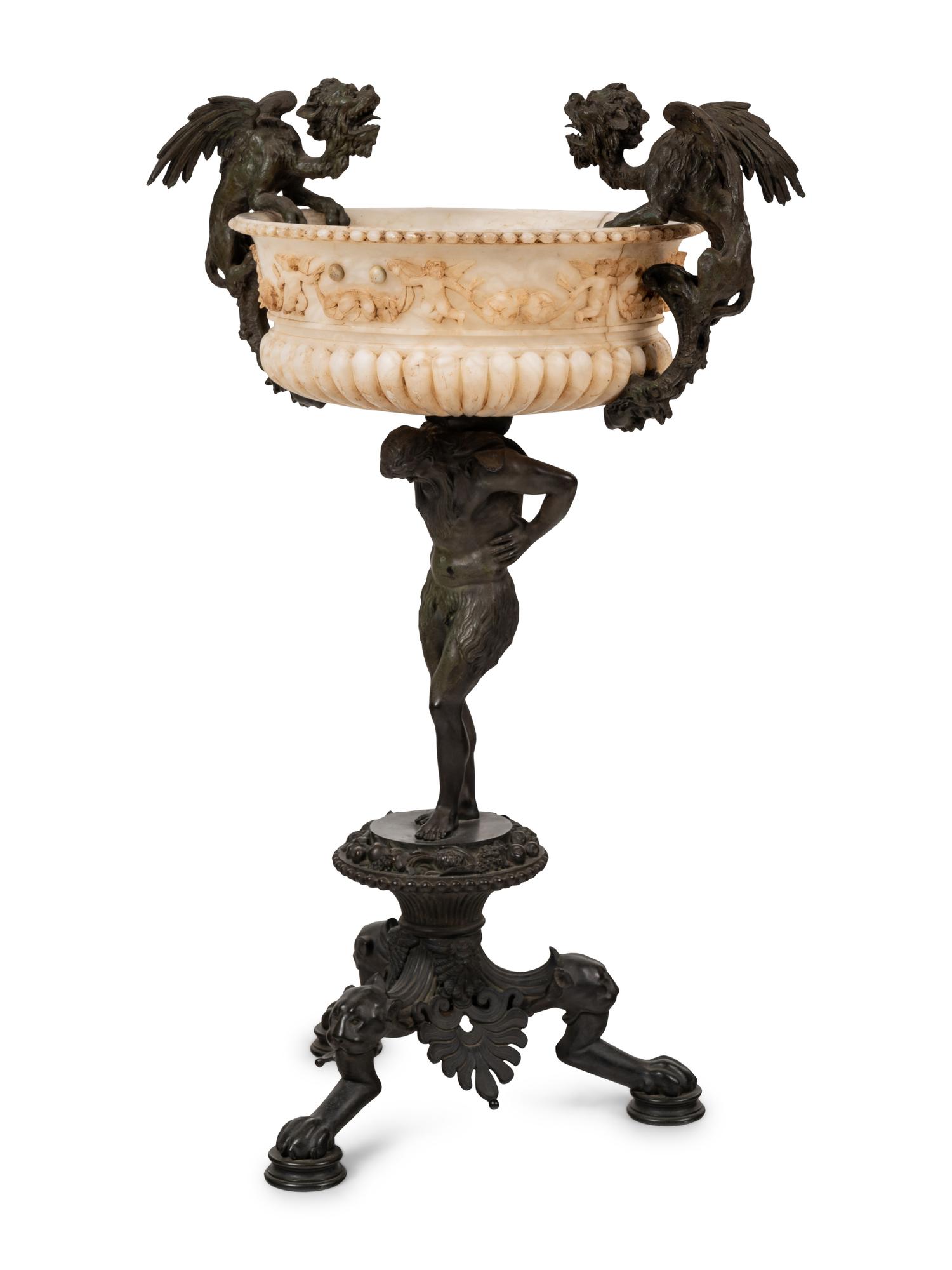 A Neoclassical Bronze and Carved Alabaster Jardinière on Stand