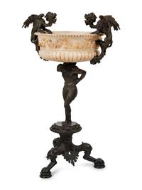 A Neoclassical Bronze and Carved Alabaster Jardinière on Stand