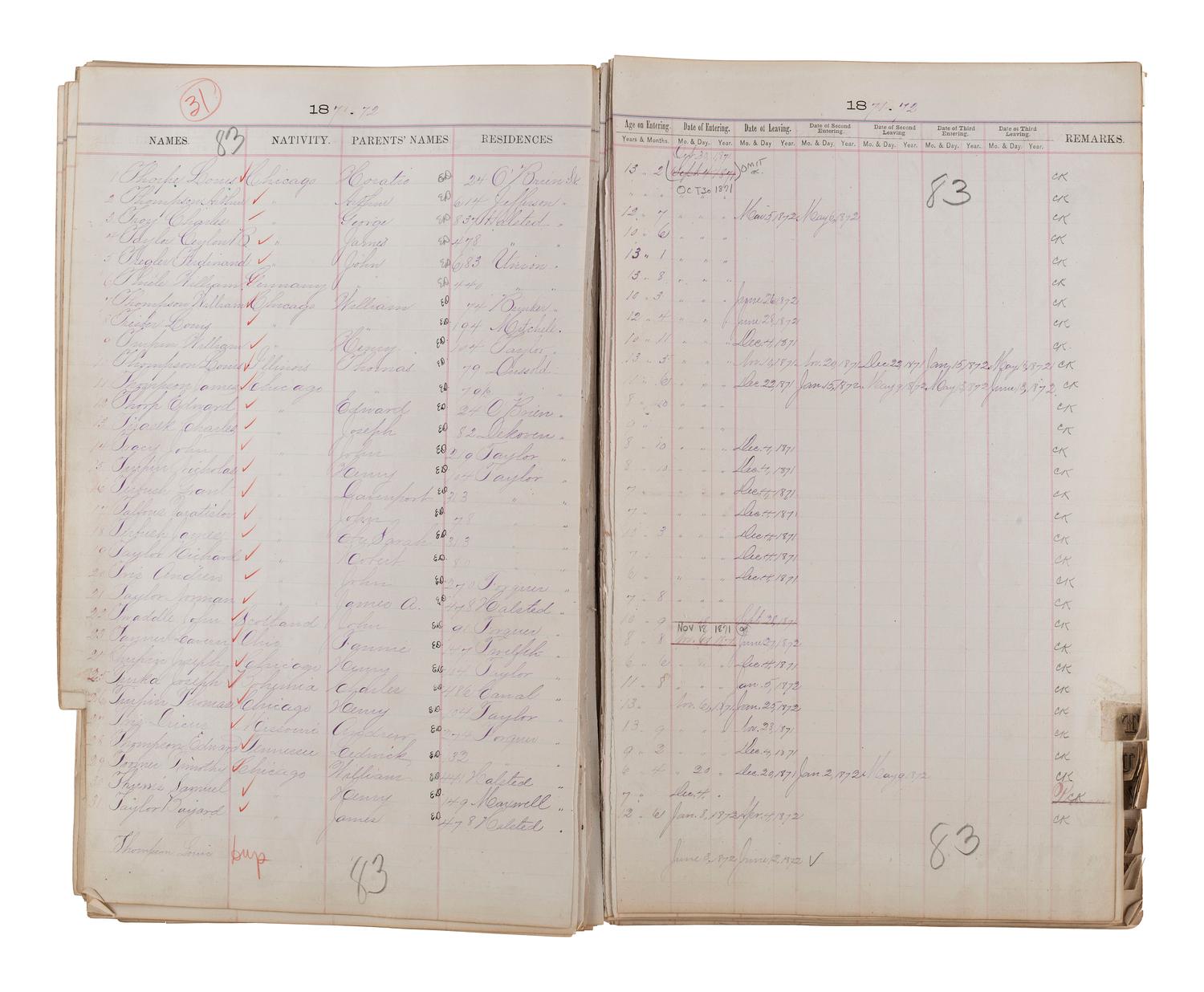 [CHICAGO FIRE]. Register of Admissions and Discharges in the Foster School, Chicago, Illinois, 1871-1872.