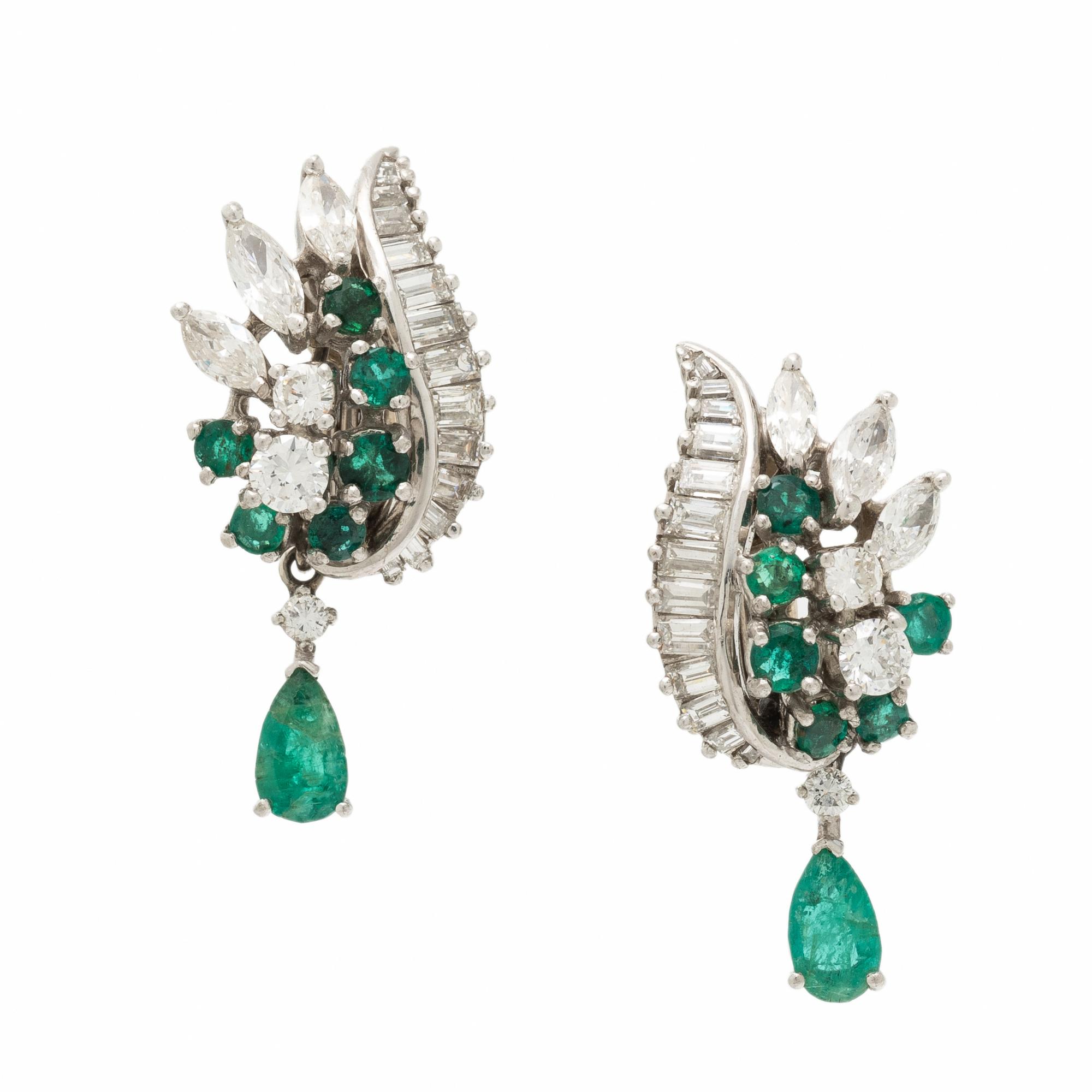Emerald, Diamond, and Platinum Earrings
