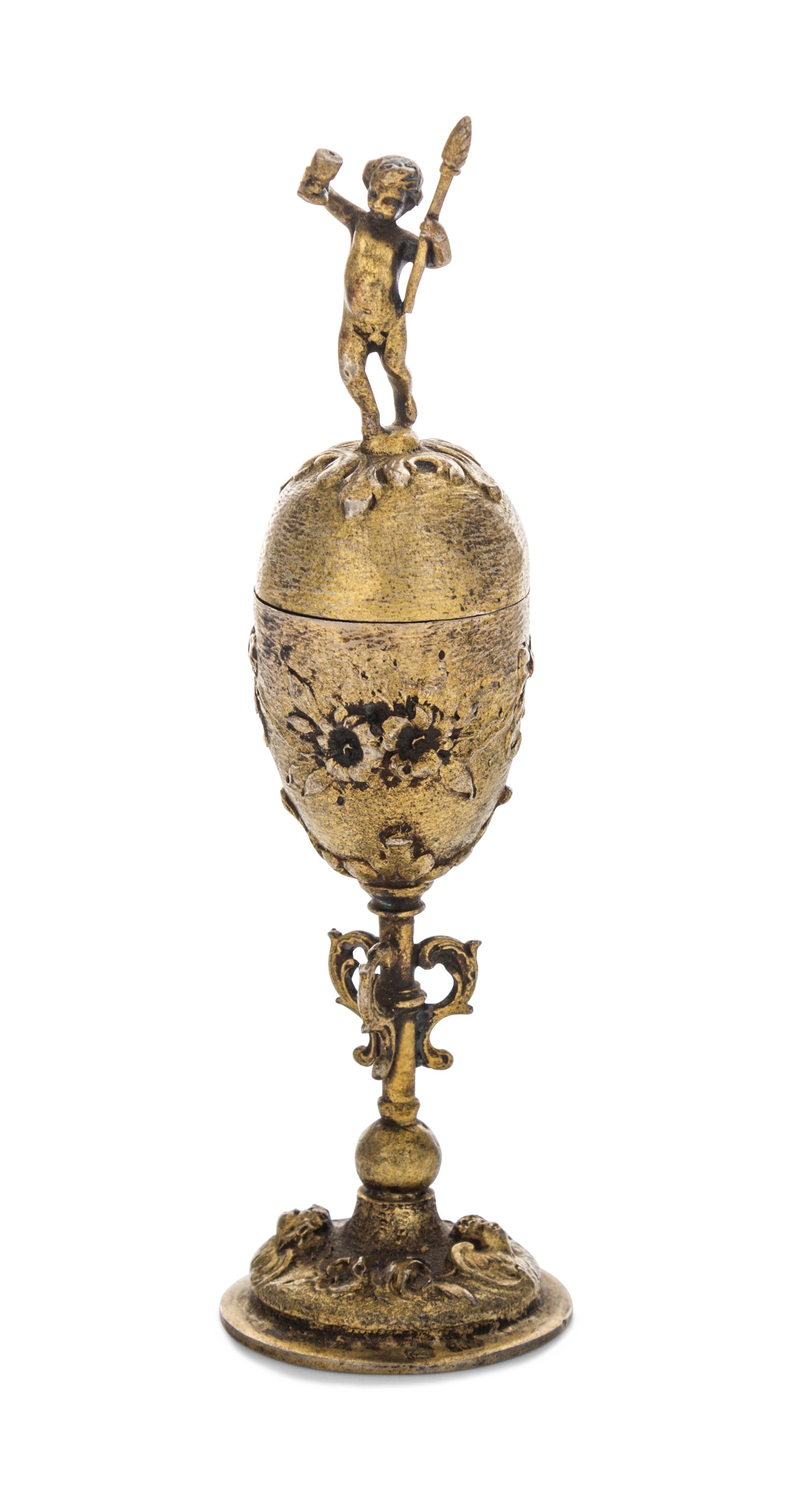 A German Silver-Gilt Diminutive Covered Chalice, 19th Century, of baluster form, the lid with a figural finial in the form of a putto h