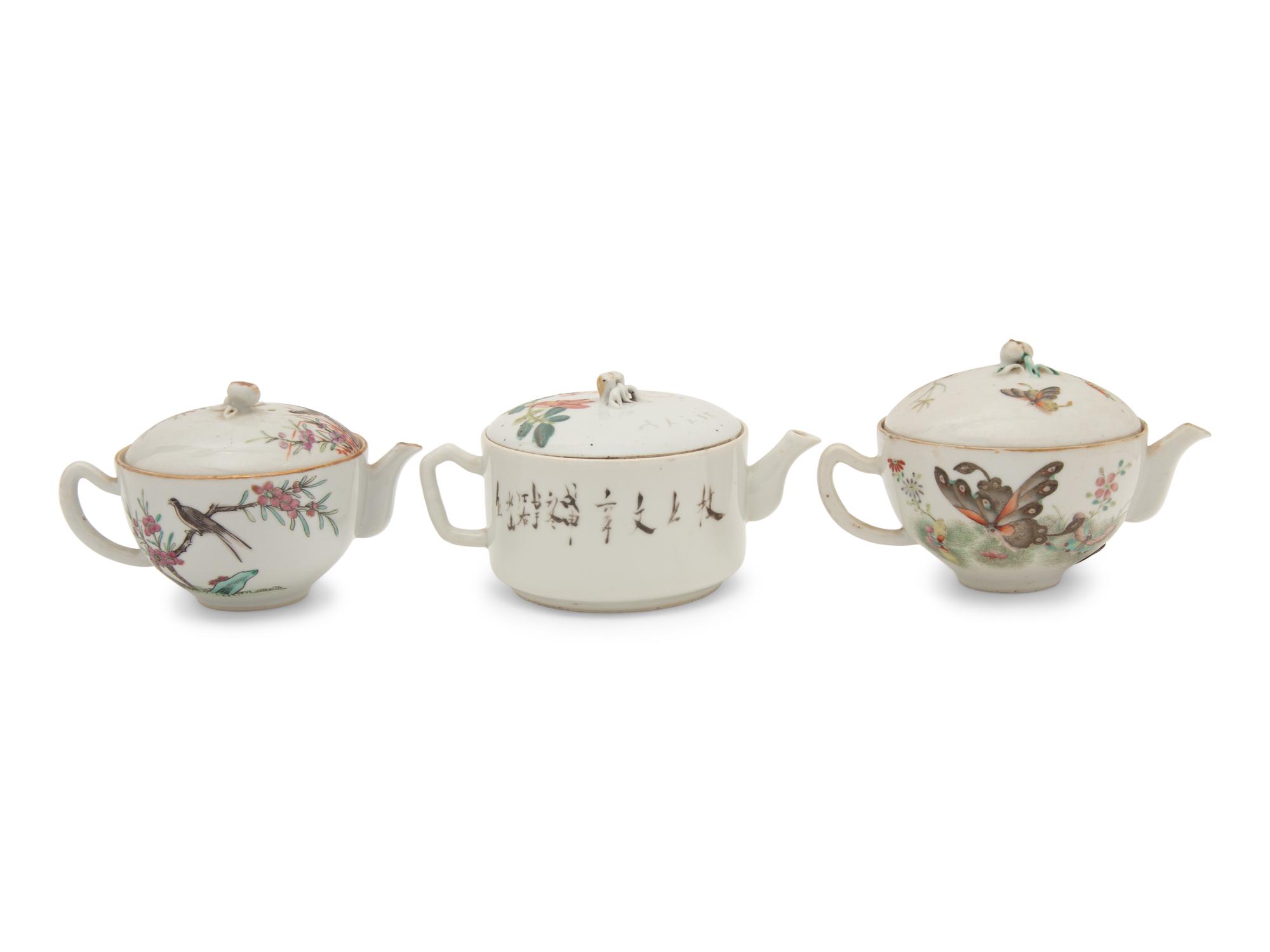 Three Chinese Famille Rose Porcelain Teapots