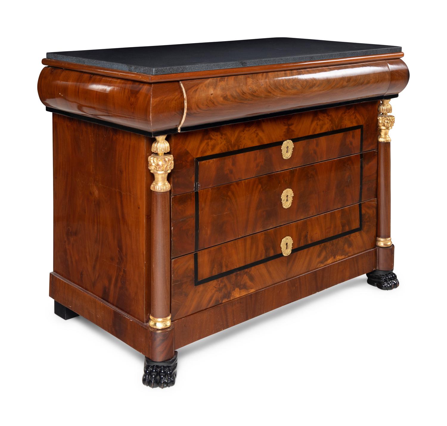 A Pair of German Neoclassical Mahogany and Parcel-Gilt Commodes