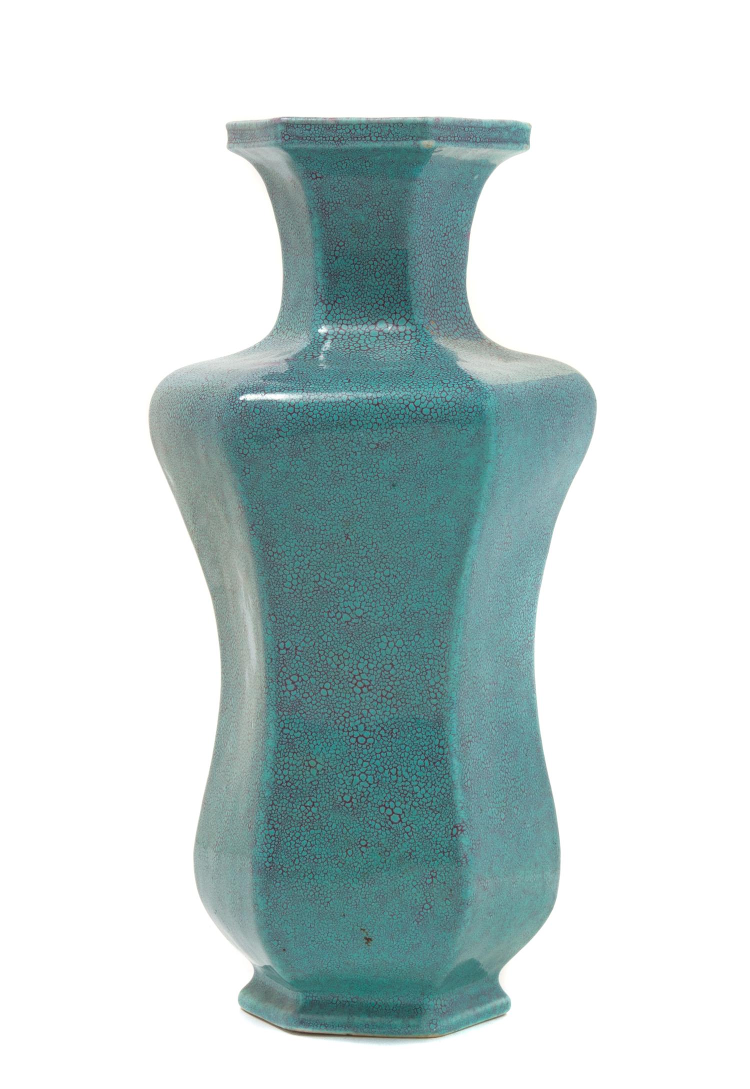 A Robin's Egg Glazed Porcelain Hexagonal Vase Height 8 1/2 inches.