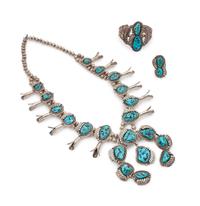 Navajo Silver and Turquoise Squash Blossom, Cuff Bracelet, and Ring Set