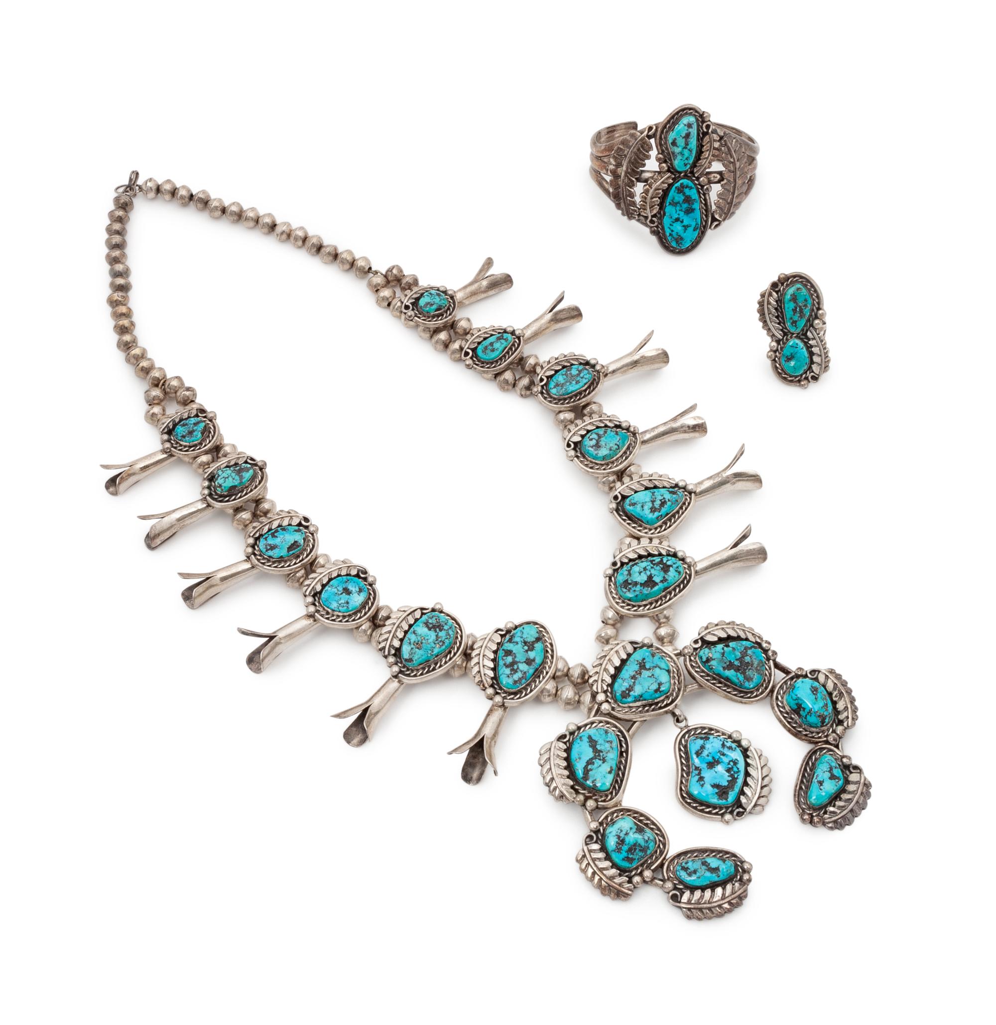 Navajo Silver and Turquoise Squash Blossom, Cuff Bracelet, and Ring Set