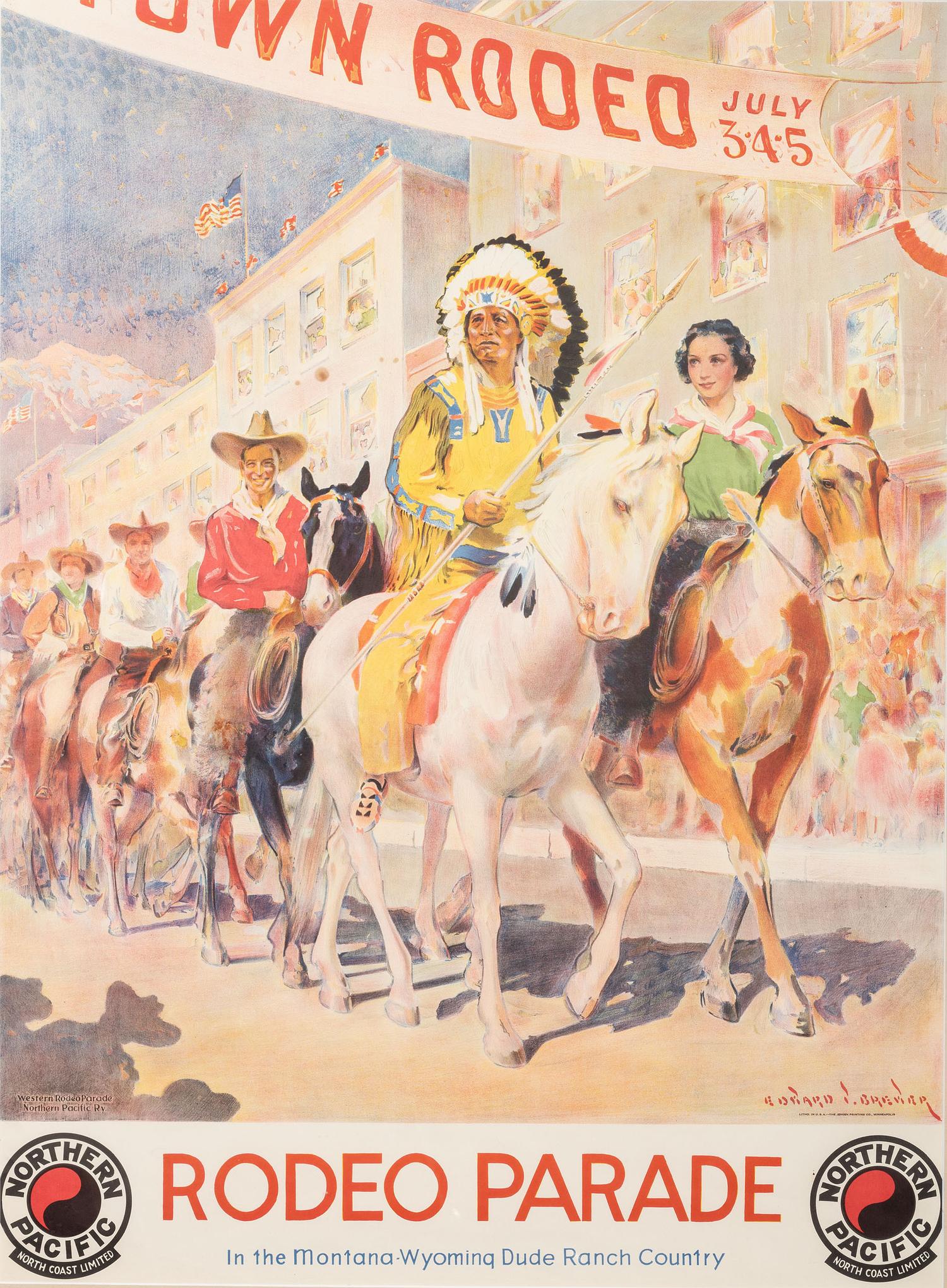 [WESTERN AMERICANA]. BREWER, Edward, artist. Rodeo Parade in the Montana - Wyoming Dude Ranch Country . Minneapolis, MN: Jensen Printing Co.,