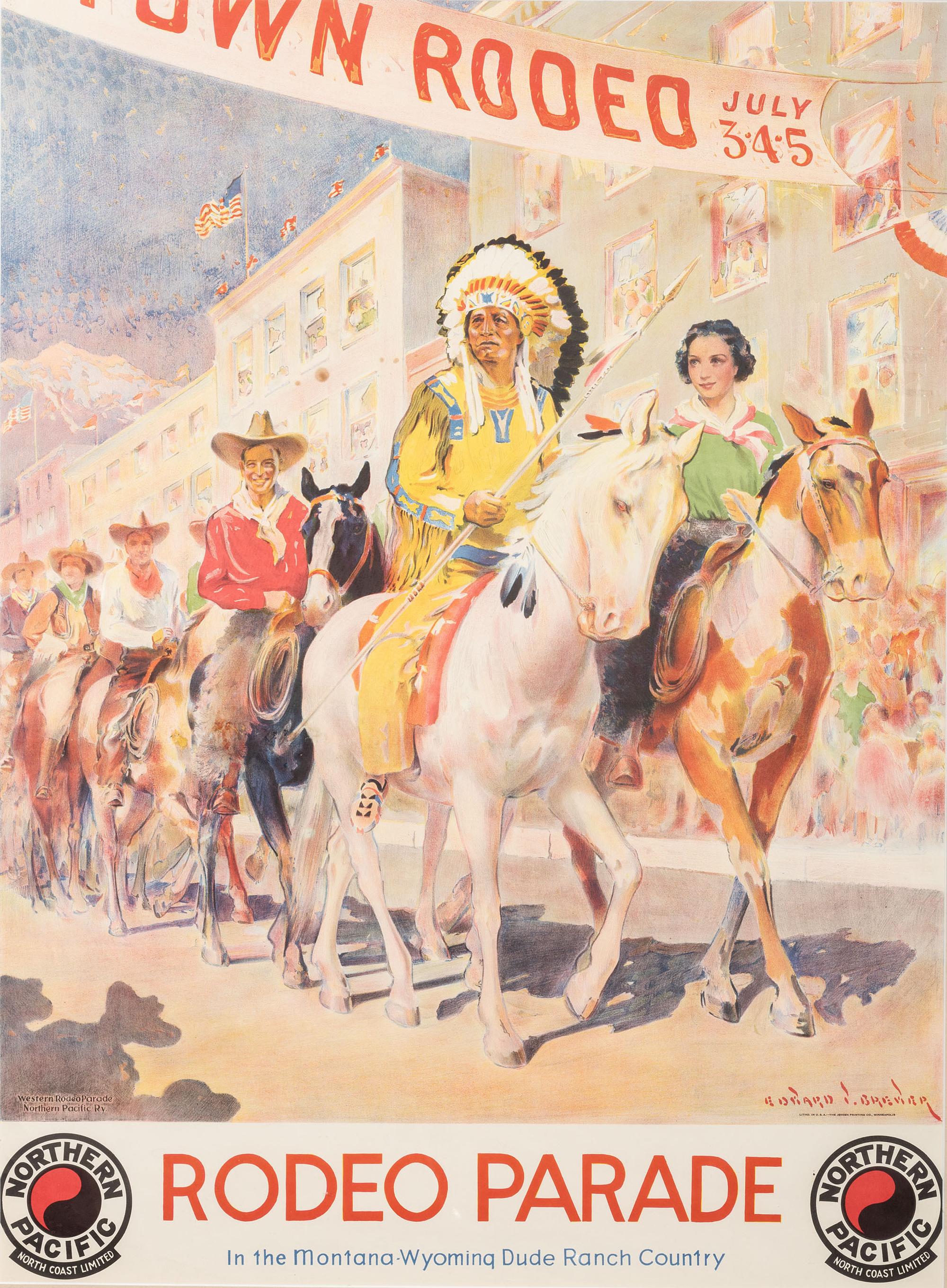 [WESTERN AMERICANA]. BREWER, Edward, artist. Rodeo Parade in the Montana - Wyoming Dude Ranch Country . Minneapolis, MN: Jensen Printing Co.,