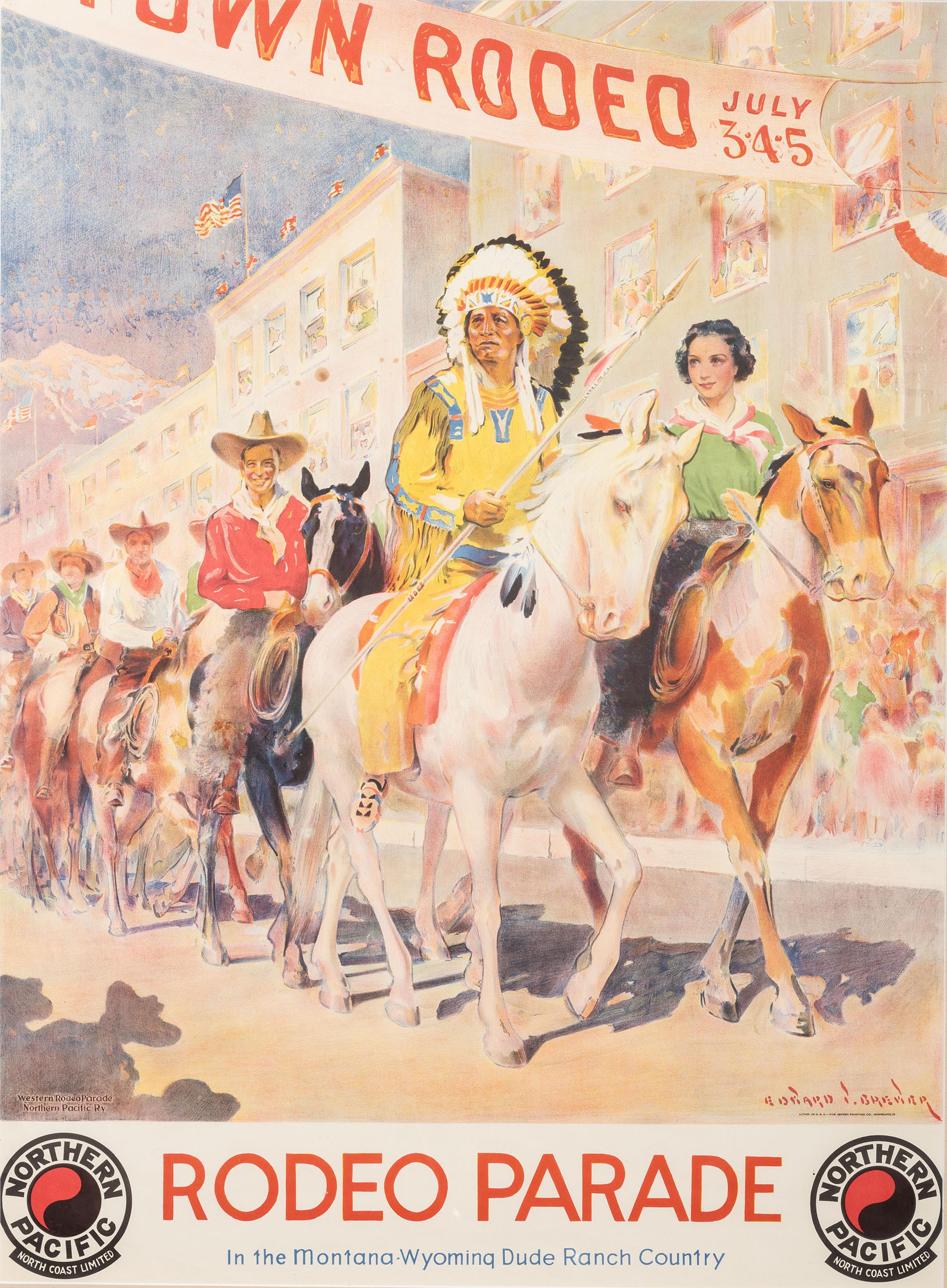 [WESTERN AMERICANA]. BREWER, Edward, artist. Rodeo Parade in the Montana - Wyoming Dude Ranch Country . Minneapolis, MN: Jensen Printing Co.,