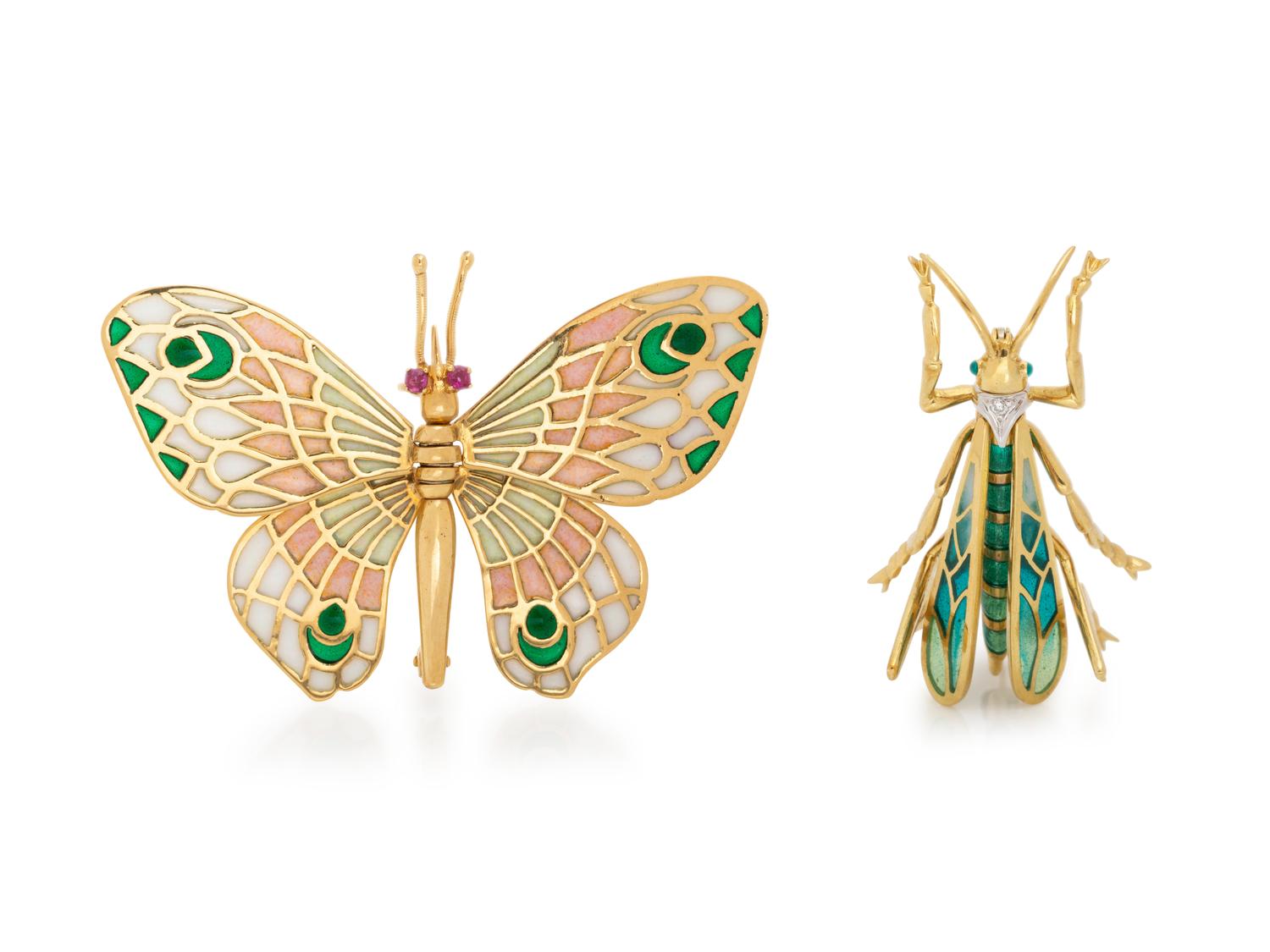 COLLECTION OF YELLOW GOLD AND PLIQUE-À-JOUR ENAMEL INSECT BROOCHES