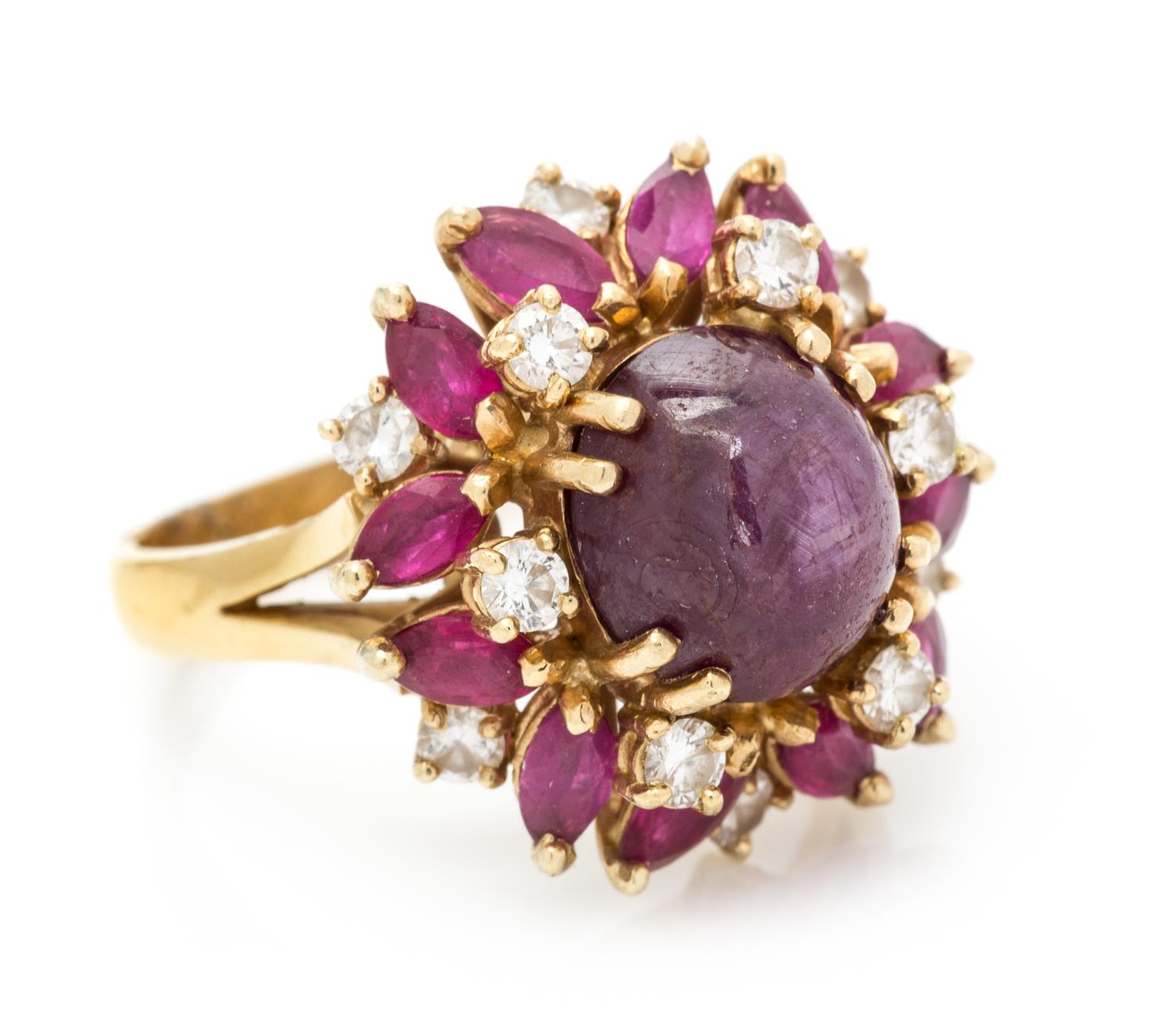 An 18 Karat Yellow Gold, Star Ruby, Ruby and Diamond Ring, 6.30 dwts.