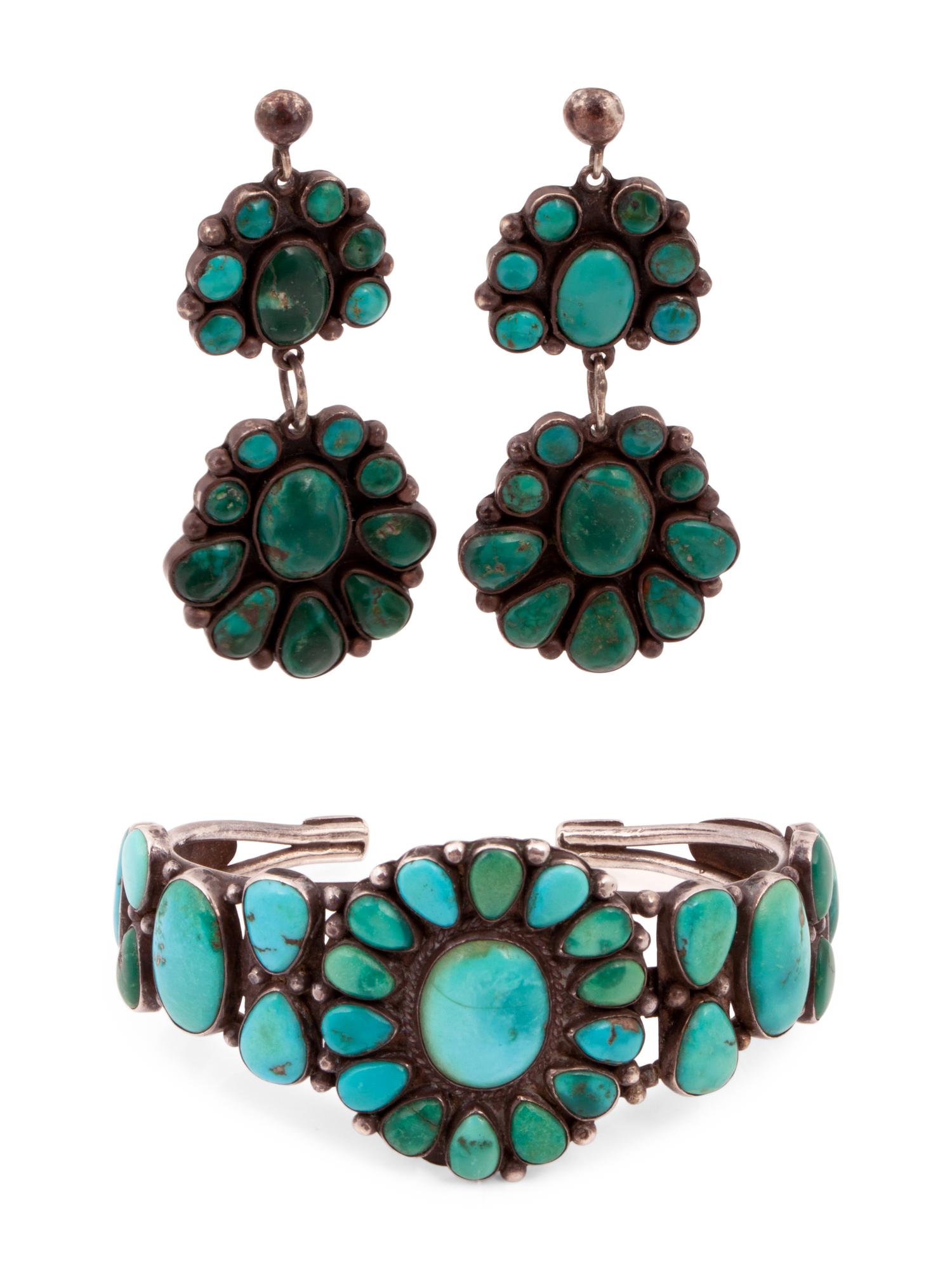 Navajo or Zuni Silver and Turquoise Cluster Cuff Bracelet and Earrings