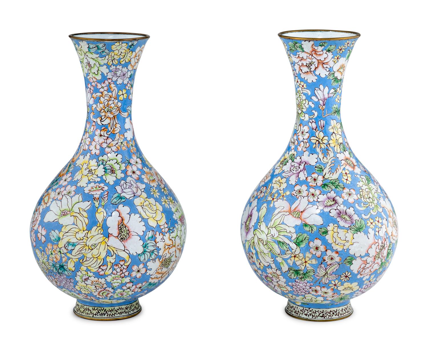 A Pair of Chinese Canton Enamel on Copper Vases