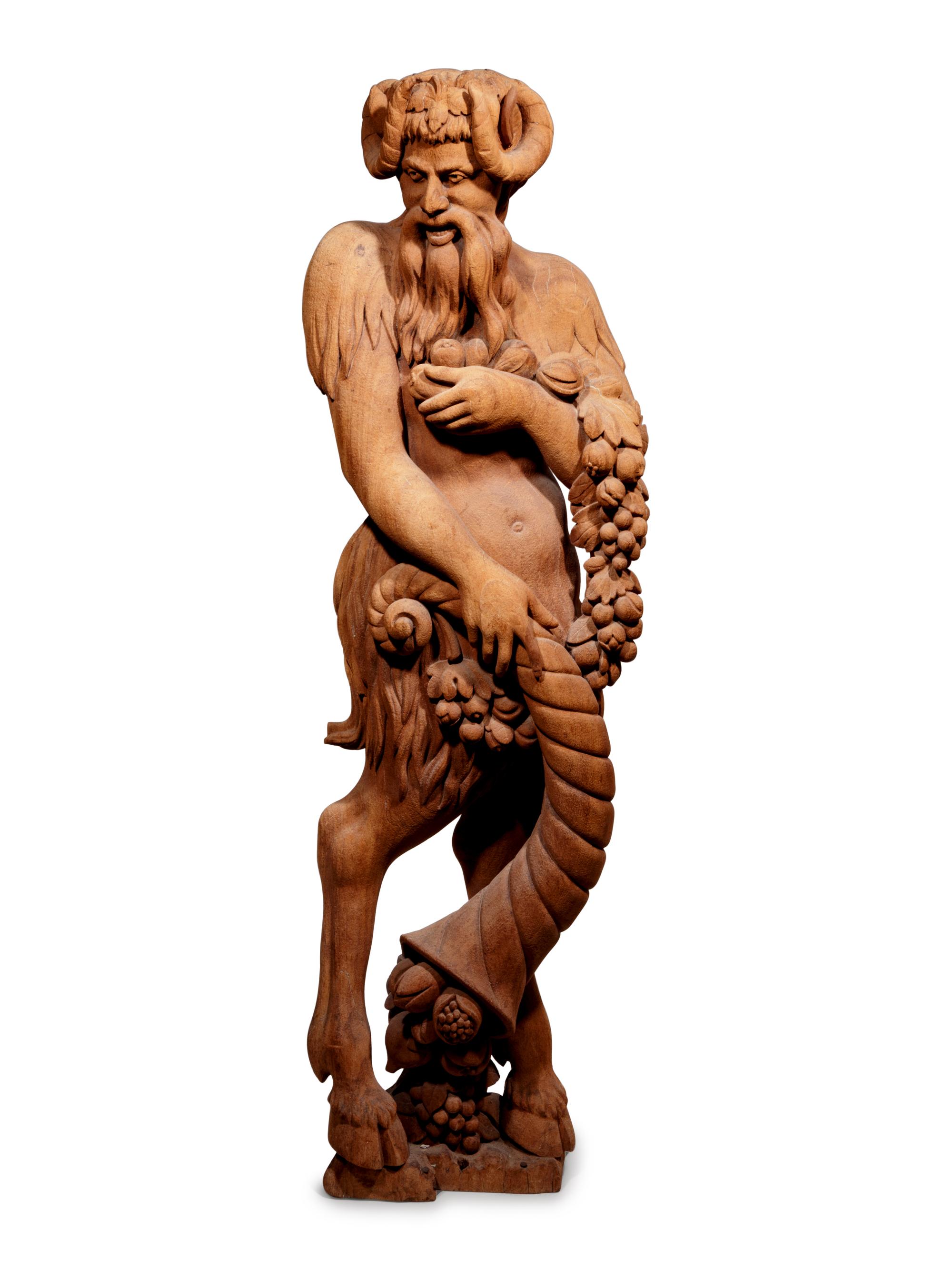 Two Continental Carved Wood Bacchic Figures of a Satyr and Satyress