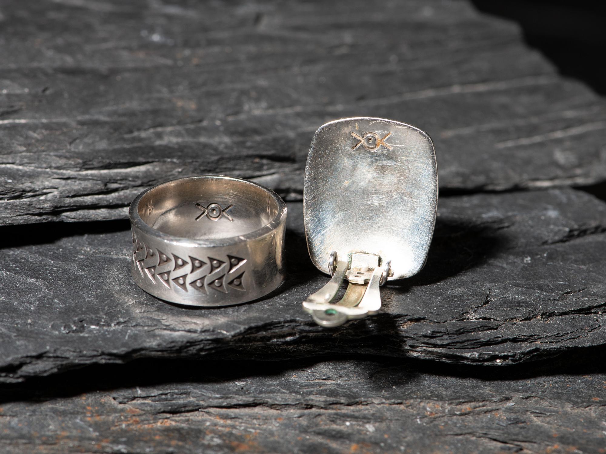 Matching Stamped Silver Ring and Clip Earrings
