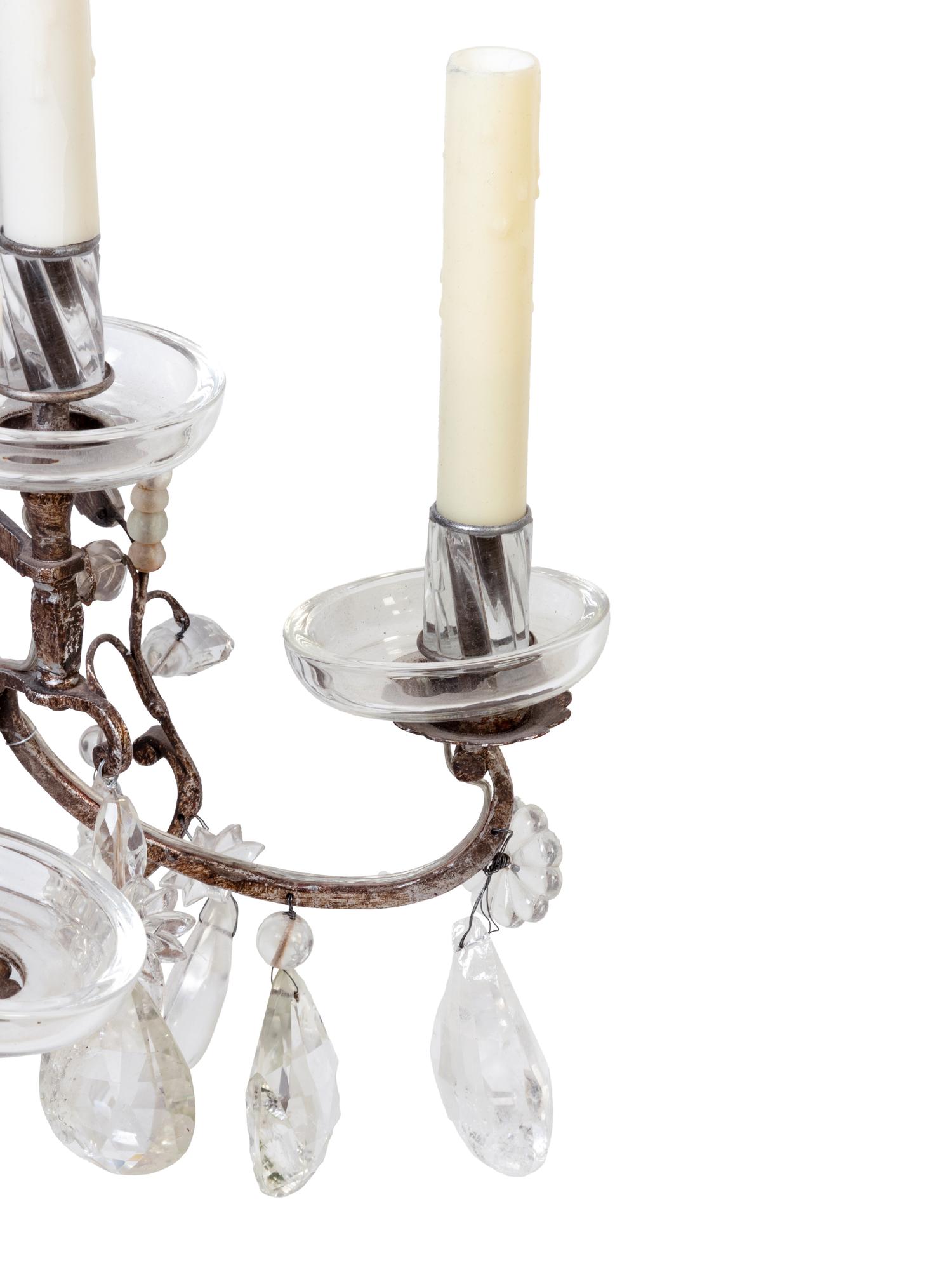 A Pair of Maison Baguès Silvered Metal, Rock Crystal and Glass Six-Light Sconces