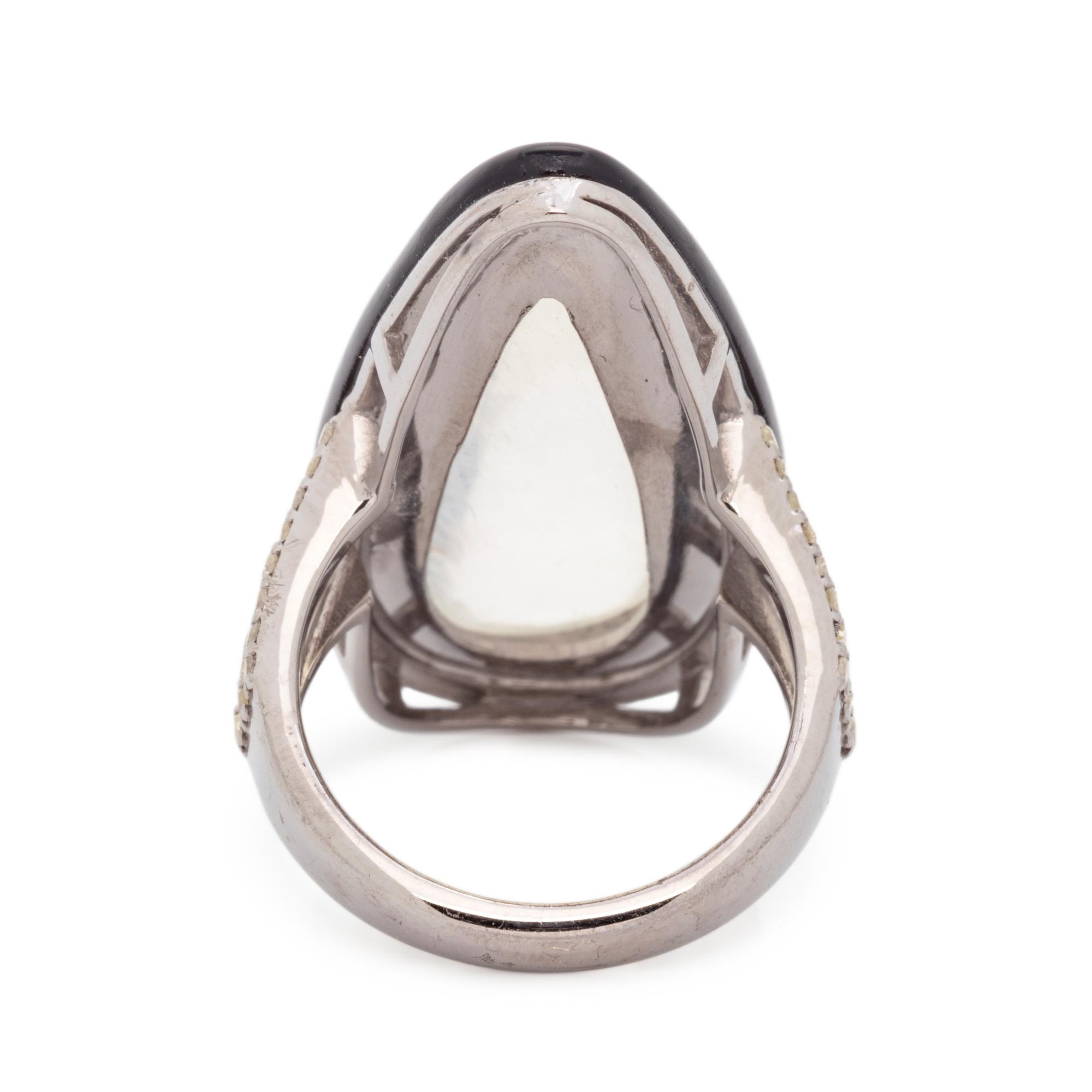 MOONSTONE, DIAMOND AND ONYX RING