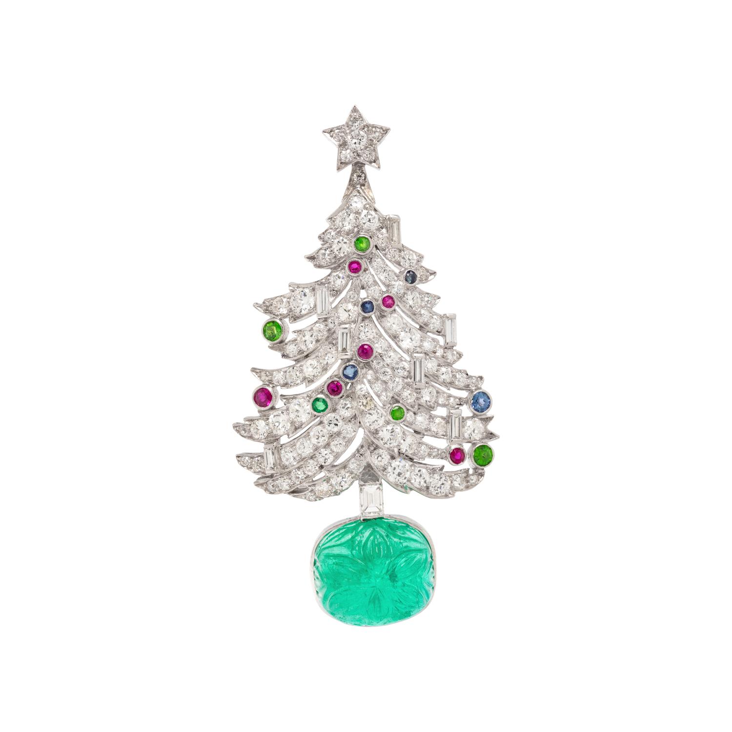 ART DECO, DIAMOND, EMERALD AND MULTIGEM CHRISTMAS TREE BROOCH