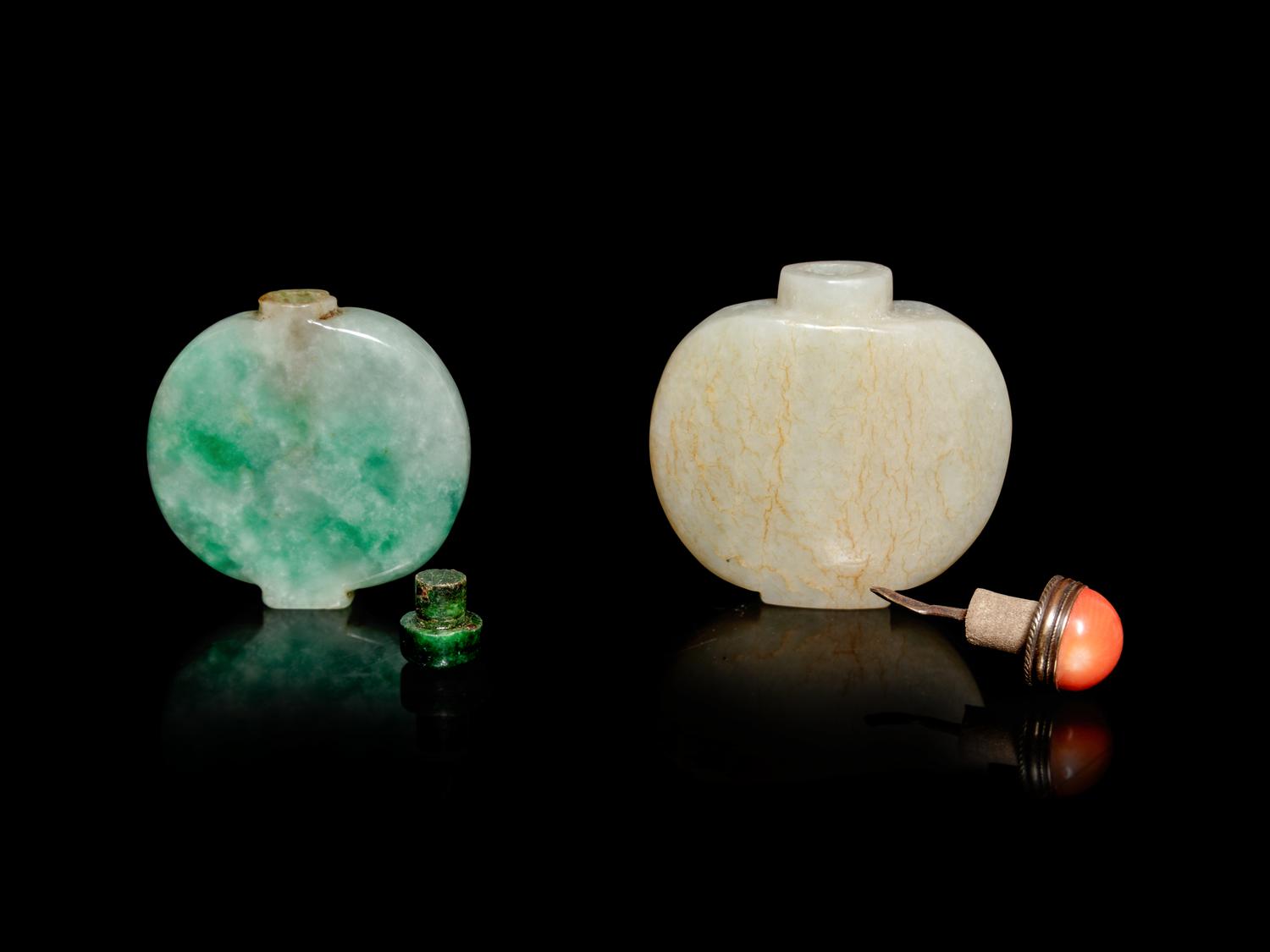 Two Jade and Jadeite Snuff Bottles