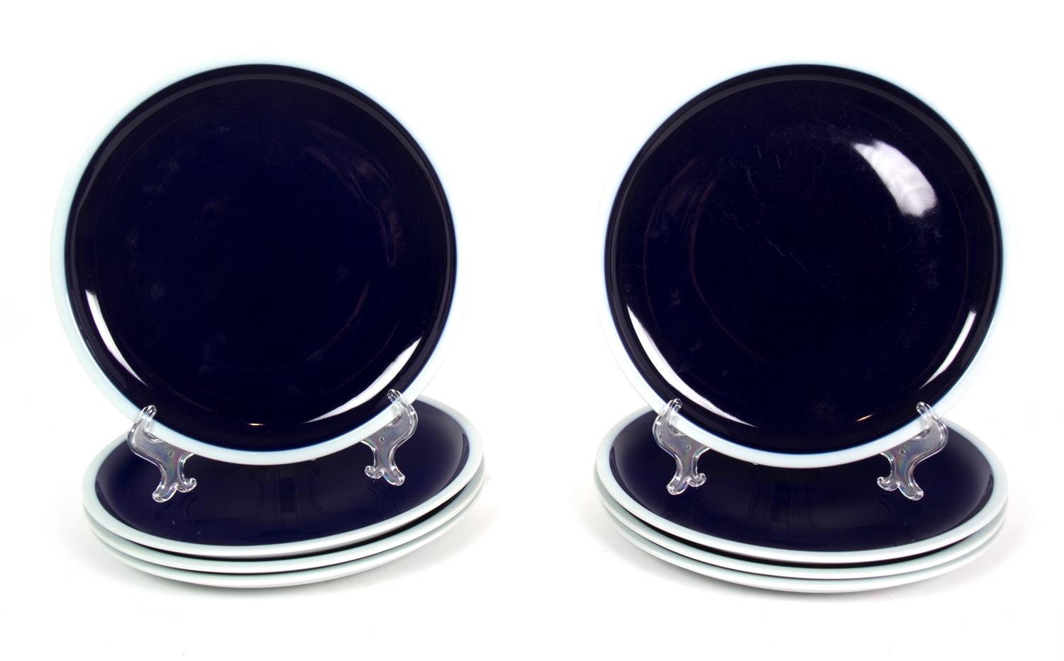 Eight Block Deep Blue Glazed China Dinner Plates Diameter 10 1/2 inches. — 20TH CENTURY
